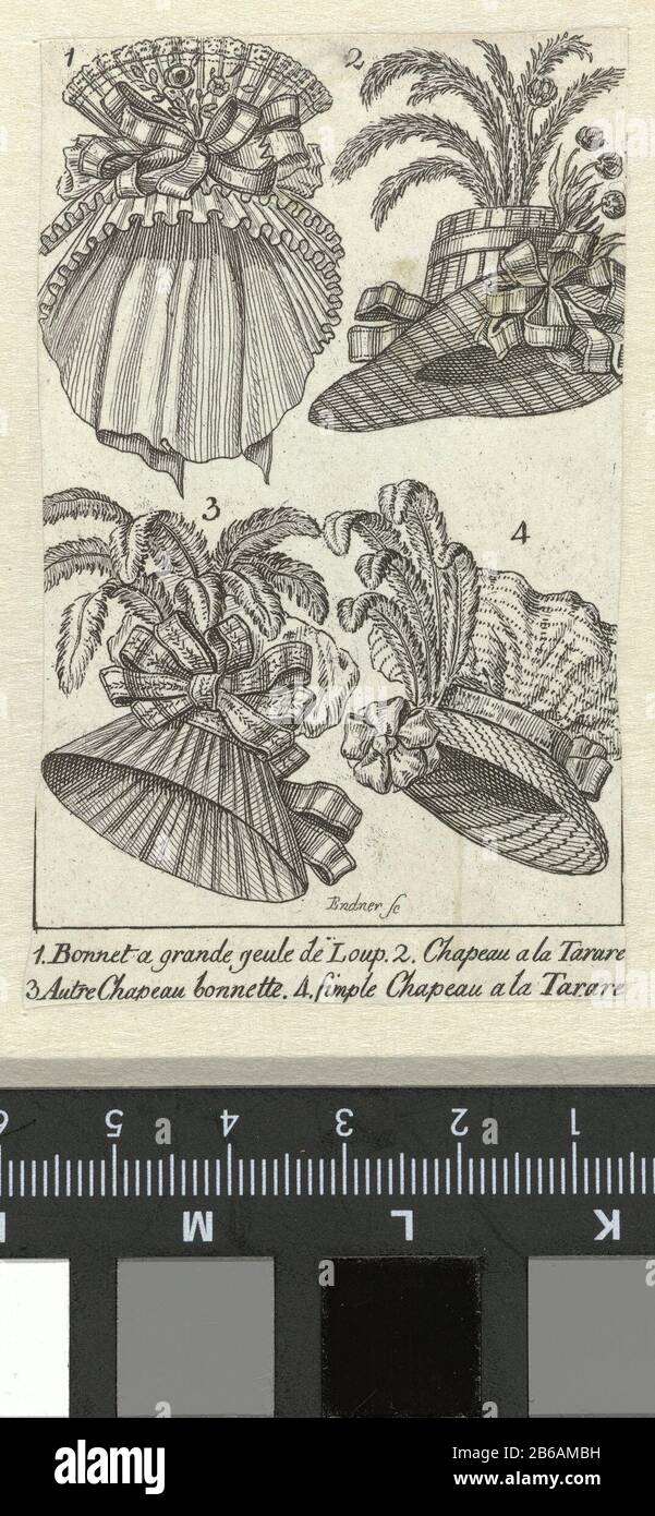 Almanakprentje uit ca 1786-1787 Bonnet grande Snapdragon () Drie vrouwenhoeden en een muts, in een kader, genummerd één tot en met vier: 1. 'Cofano un grande geule de Loup. 2. Chapeau a la Tarare 3. Autre Chapeau bonnette. 4. Semplice Chapeau a la Tarare.' De prent is een kopie naar Magasin des Modes Nouvelles 1786-1787 en maakt deel uit van een almanak, ca. 1786-1787. Produttore : produttore : Gustav Georg Endner (vermeld op object) Dating: CA. 1786 - ca. 1787 Kenmerken Fisico: Gravure Materiale: Papier Techniek: Graveren (drukprocedé) dimensioni: Blad: H 84 mm × b 51 mm Oggetto: Piastre di moda Foto Stock