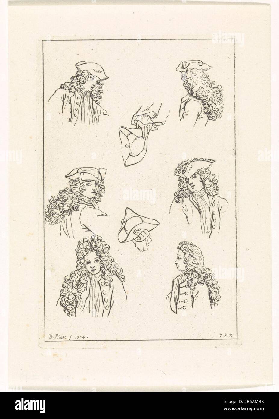 Varie posizioni delle teste degli uomini e modi di indossare un cappello per studiare le lame moda (titolo della serie) Tutti i tipi di atteggiamenti degli uomini teste e modi di un cappello di indossare fogli di studio con mode (titolo della serie) Tipo Di Proprietà: Immagine numero articolo: RP-P-OB-51.798 Produttore : stampatore: Bernard Picart (proprietà quotata) fornitore di privilegi: Luigi XIV (re di Francia) (edificio elencato) Luogo di fabbricazione: Parigi Data: 1704 caratteristiche Fisiche: Materiale di incisione: Tecnica della carta: Dimensioni di incisione: Bordo della piastra: H 112 mm × W 76 mm Oggetto: Testa (umana) testa-ingranaggio: Tricorn (+ abbigliamento da uomo ) stili di abbigliamento per capelli Foto Stock