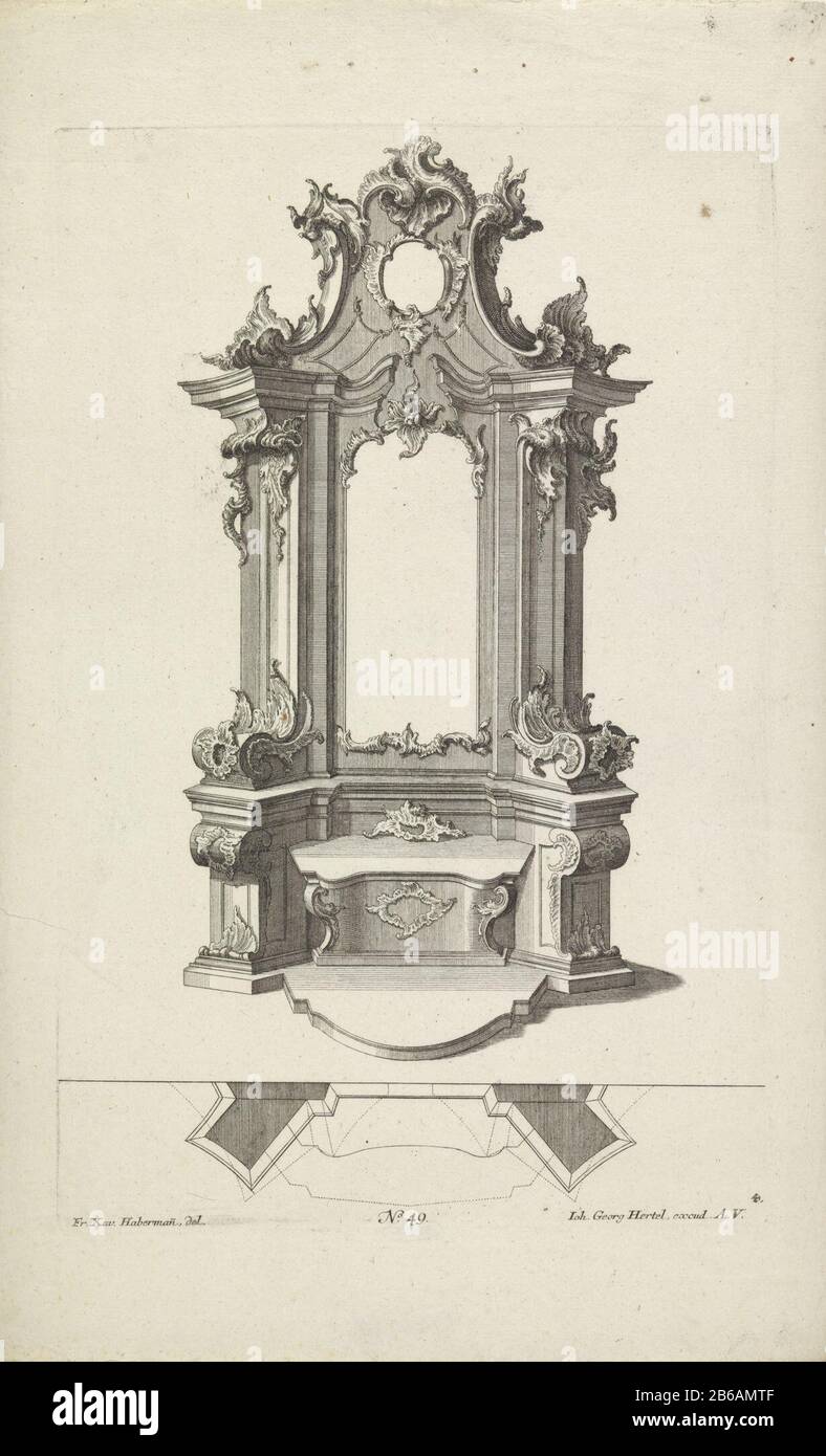 Altare disegni per altari (titolo serie) disegno e pianta di altare con ornamenti rocaille. Numero editore 49. Produttore : stampatore: Anonimo al disegno di Franz Xaver Habermann (edificio elencato) Editore: Johann Georg Hertel (i) (edificio elencato) Fabbricazione Del Luogo: Augsburg Data: 1740 - 1745 caratteristiche Fisiche: Materiale dell'automobile: Tecnica della carta: Engra (processo di stampa) Misure: Bordo della lastra: H 330 mm × W 215 mm Oggetto: Ornamento dell'altarrocaille Foto Stock