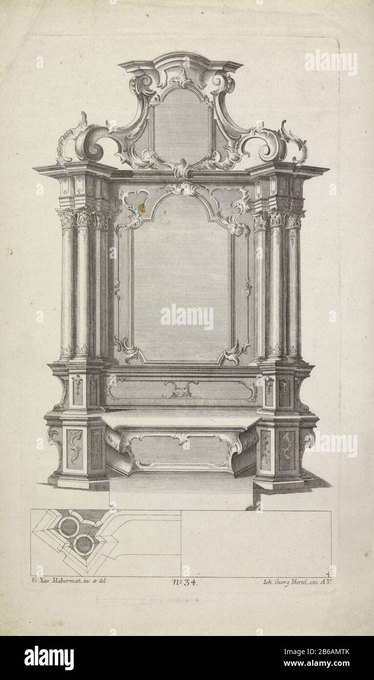 Altare disegni per altari (titolo serie) disegno e pianta di altare con ornamenti rocaille. Numero editore 34. Produttore : stampatore: Anonymous design by Franz Xaver Habermann (edificio elencato) Editore: Johann Georg Hertel (i) (edificio elencato) Fabbricazione Del Luogo: Augsburg Data: 1740 - 1745 caratteristiche Fisiche: Materiale dell'automobile: Tecnica della carta: Engra (processo di stampa) dimensioni: Bordo della lastra: H 339 mm × W 194 mm Oggetto: Ornamento dell'altarrocaille Foto Stock