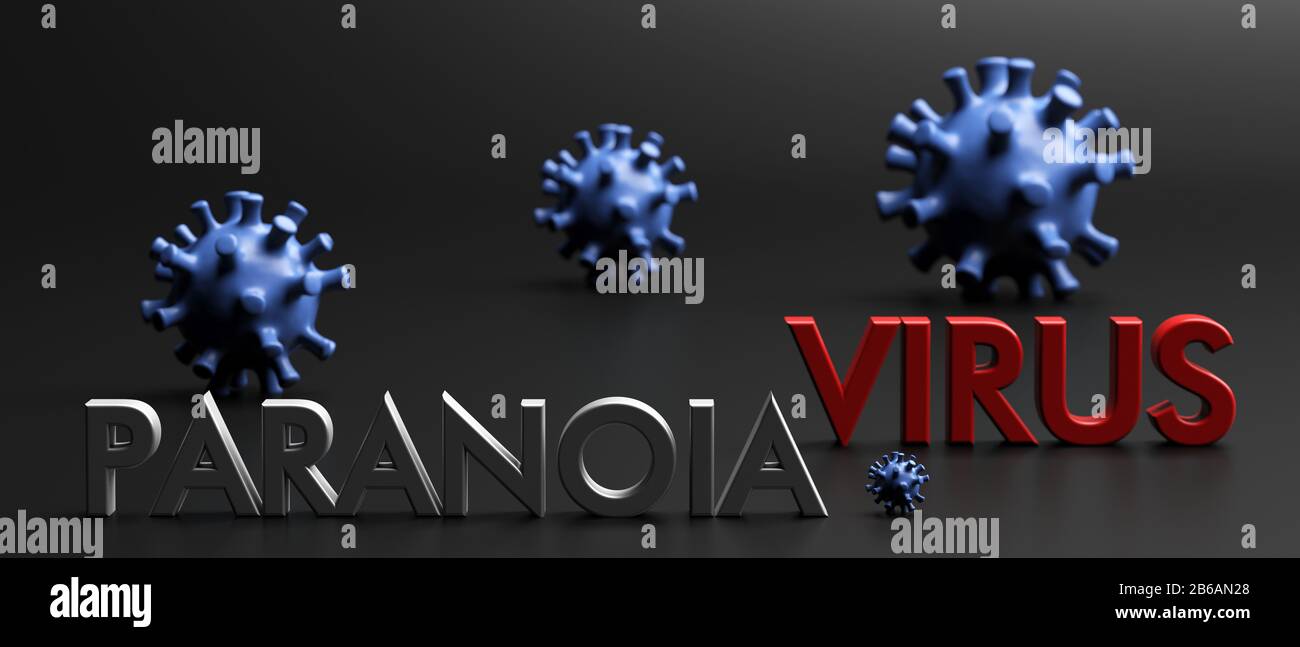 Virus Della Paranoia. Ceppi di Corona e virus della paranoia di testo su sfondo nero. figura 3d Foto Stock