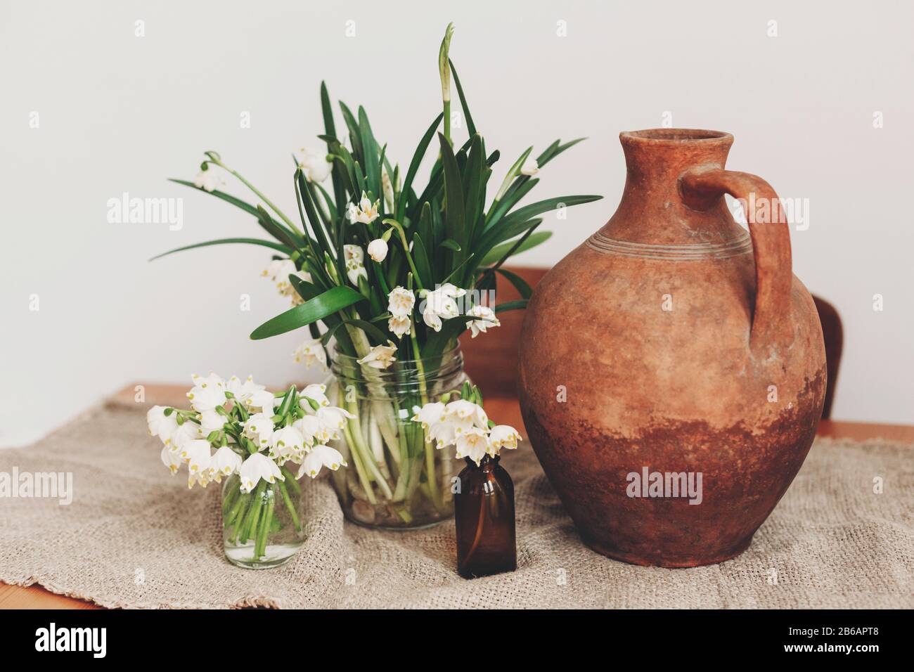 Fiori primaverili in vaso di vetro e vaso di argilla su tavola rustica. Vita rurale ancora. Ciao primavera. Giardinaggio fiocco di neve primavera. Buon giorno delle madri Foto Stock