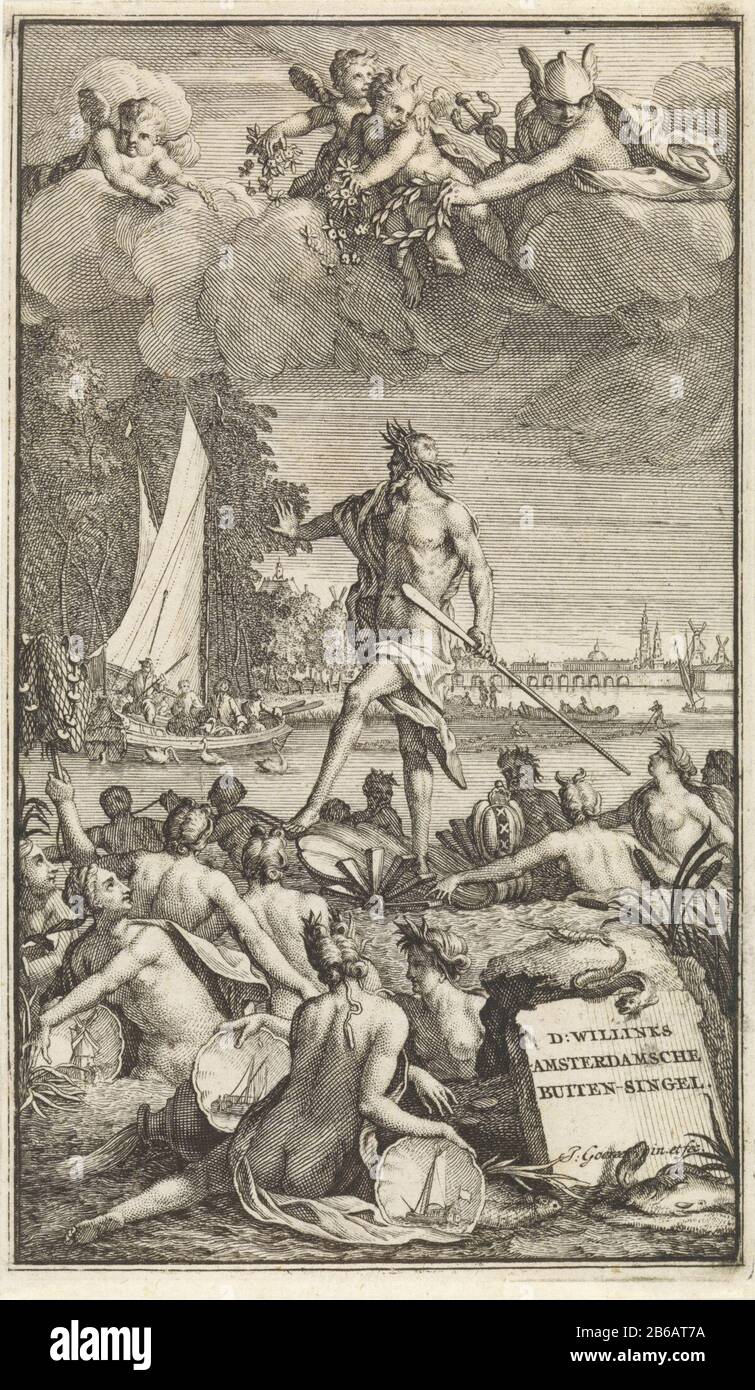 Amstel saluto i residenti di Amsterdam titolo pagina per David Willink, Amsterdam Damsche Buitensingel, 1723 Amsterdam Damsche Buitensingel (oggetto del titolo) il dio del fiume Amstel sulle rive del fiume Amstel, circondato dal suo entourage. Alcune ninfe fluviali portano conchiglie con rappresentazioni di navi. Sulle nuvole Mercurio e alcuni putti. Sullo sfondo una barca con equipaggio e la città di Amsterdam. Produttore : printmaker Jan Goeree (listed property) Designed by Jan Goeree (listed building) publisher: Andries van Damme Place manufactured: Amsterdam Date: 1723 Physical features: Car material: Paper Techniq Foto Stock