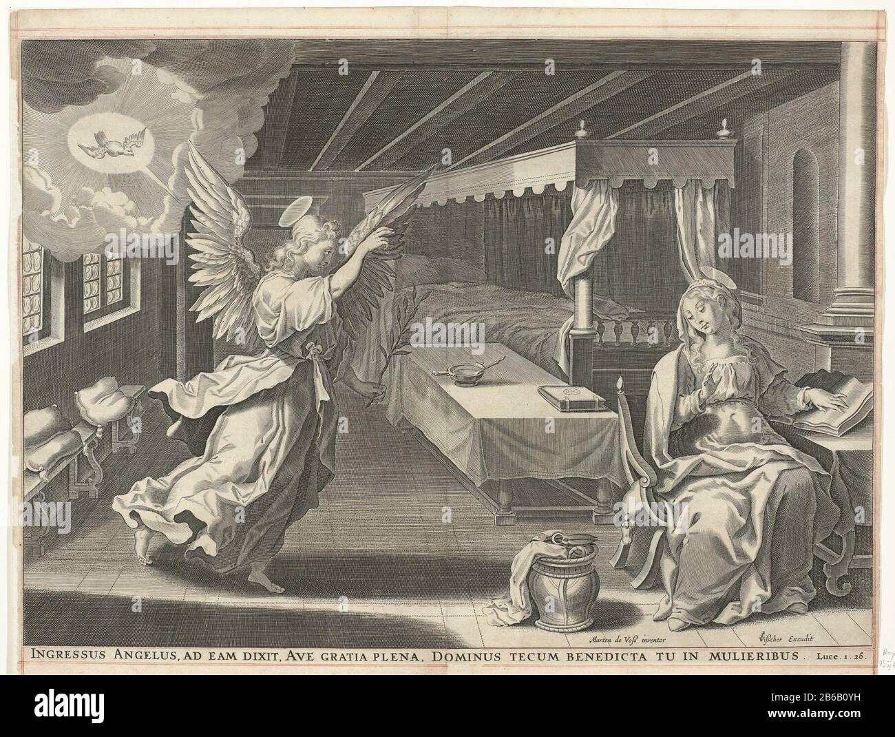 Quando l'angelo dell'annunciazione a lei: Ave Montigny proprietario con voi! (Titel op Object) Royaalbijbel (seriettel) l'angelo Gabriele annunciò a Maria che concepirà. Maria è seduta a un tavolo, dove: È un libro aperto battuto. A sinistra di un letto. Nell'angolo sinistro, lo Spirito Santo scende come una colomba. Tra le prestazioni del titolo in latino, e un riferimento alla Bibbia in Luc. 1: 26. Produttore : printmaker: Anonimo da stampare da Cornelis Galle (i) per progettare: Marten de Vos (edificio elencato) editore Claes Jansz. Visscher (II) (edificio elencato) editore: Nicolaes Visscher (i) publis Foto Stock