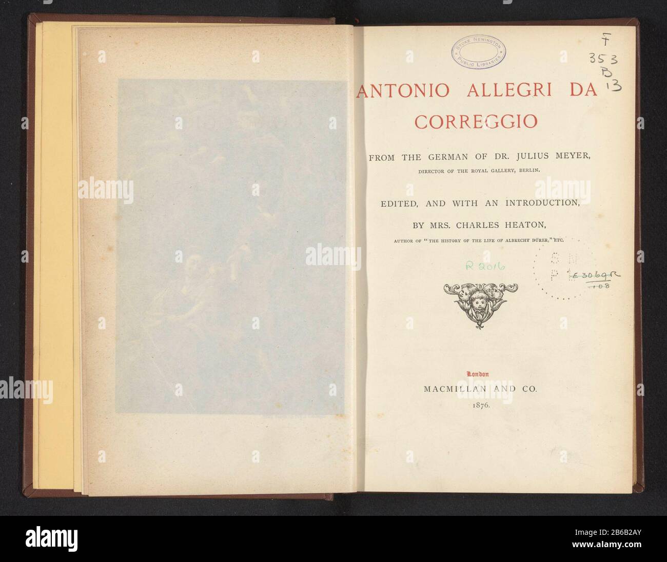 Allegri Antonio da Correggio (oggetto titolo) Antonio Allegri da Correggio (oggetto titolo) Tipo Oggetto: Libro numero articolo: RP-F 2001-7-39 Iscrizioni / marchi: Iscrizione copertina anteriore, incollata 'Stoke Newington Public Libraries' testo a Arms Data di fabbricazione: 1876 Materiale: Carta cartone lino Tecnica: Stampa / copiatura / Woodburypie dimensioni: H 255 mm × L 172 mm × d 40 mm Foto Stock