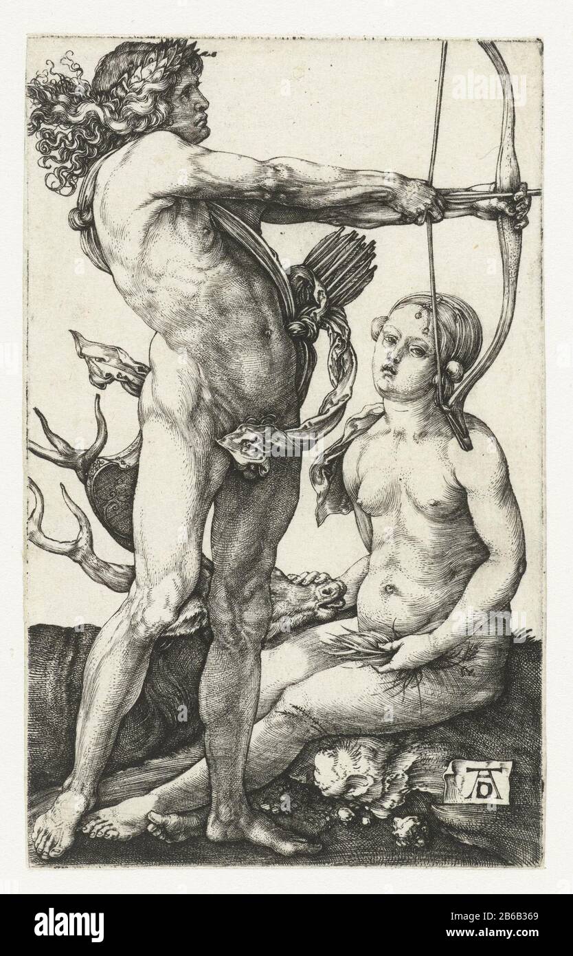 Apollo en Diana Apollo piegò il suo arco. Diana siede accanto a lui con un hert. Produttore : printmaker Albrecht Dürer (Proprietà elencata) Fabbricazione Del Luogo: Norimberga Data: 1501 - 1506 caratteristiche Fisiche: Materiale dell'automobile: Carta Tecnica: Engra (processo di stampa) dimensioni: Foglio: H 116 mm × W 72 mm Oggetto: (Storia di) Apollo (Phoebus) (storia di) Diana (Artemis) Foto Stock