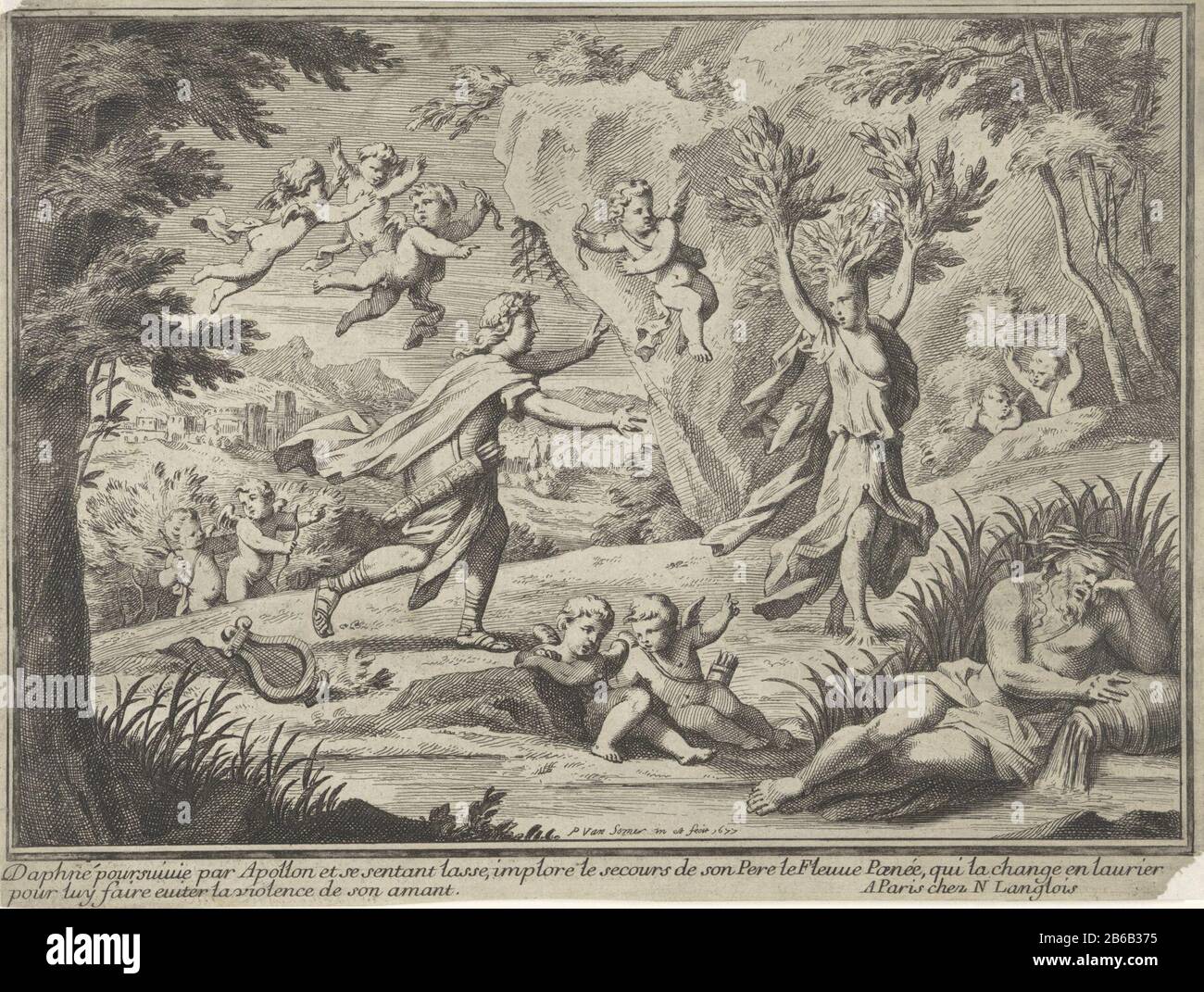 Apollo e Daphne rappresentazioni Mitologiche dei paesaggi (titolo della serie) l'amoroso Apollo che insegue la fuga ninfa Daphne, di cui i poveri già mutano in rami. Il fiume dio Peneus, padre di Daphne, giacente sulla riva del fiume, riposante sulla sua urna. Putti guarda la scena dall'aria e dal suolo. Nella figura è riportato un testo esplicativo in francese. Scena delle Metamorfosi di Ovidio (Met. I, 452 ff). Angolo in basso a destra strappato fuori: Ci originalmente ha numerato quattro creatore di fabbricazione: Paul van Somer (II) (edificio elencato) redattore: Nicolas Langlois (proprietà elencata) progettato da Foto Stock