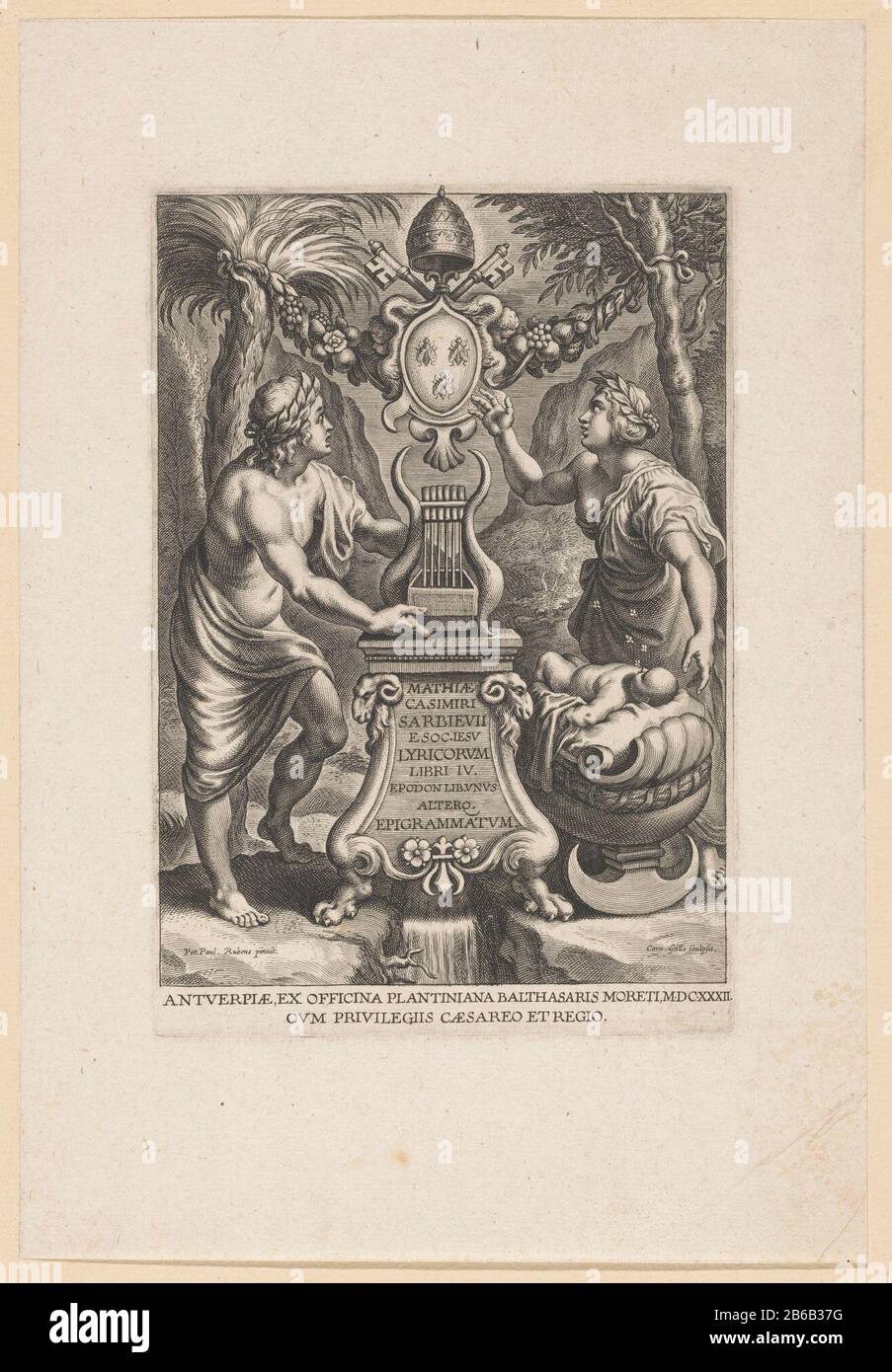 Apollo e Erato alla fonte di Ippocrene titolo pagina per MC Sarbievski, Lyricorum Libri IV, Anversa 1632 Apollo dio delle arti e la musa Erato prossima fonte di ispirazione poetica, l'Ippocrene. Erato mette in evidenza le braccia di Papa Urbano VIII con tre api. L'Oms: G prima del suo antico poeta Pindar come bambino. Le api lo alimentano levigando. Produttore : stampatore Cornelis Galle (i) (edificio elencato) a dipingere da Peter Paul Rubens (edificio elencato) Editore: Balthasar Moretus (i) (edificio elencato) fornitore di privilegio: Ferdinand II (imperatore tedesco) (edificio elencato) Fabbricazione Di Posti: Printm Foto Stock