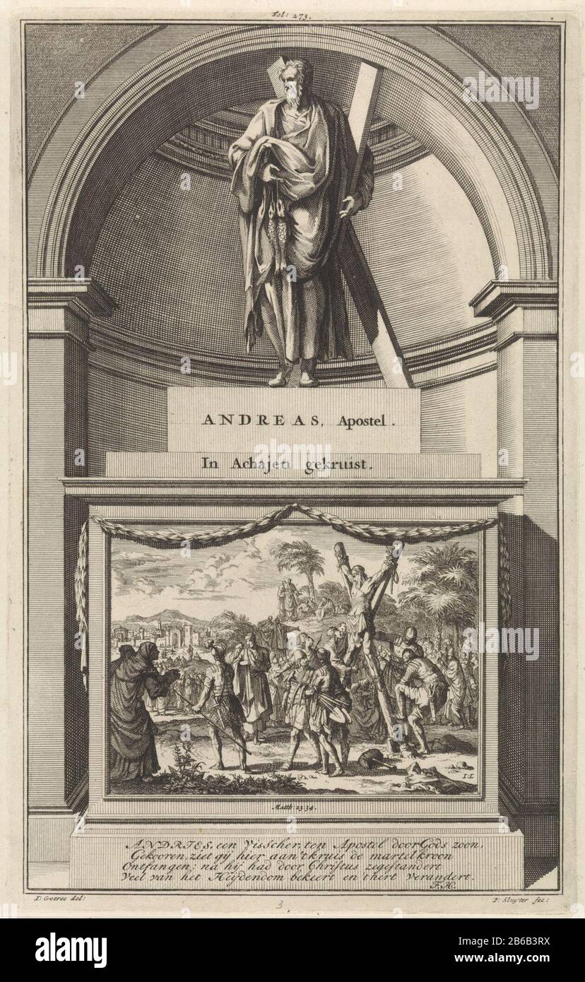 Sant'Andrea Andreas, Apostel in Achajen attraversato (oggetto del titolo) l'apostolo Andreas con il pesce in mano, sono ad una croce inclinata. Si erge su un piedistallo Dove: Di fronte la sua crocifissione è ritratta. Stampa centro superiore contrassegnato: Fol: 273. Produttore : stampatore Jan Luyken (edificio elencato) stampatore: Zacharias Chatelain (II) (edificio elencato) nel disegno: Jan Goeree (proprietà elencata) scrittore: François Halma (oggetto elencato) editore: François Halma Luogo produzione: Amsterdam Data: 1698 caratteristiche Fisiche: Acquaforte e engra materiale: Carta Tecnica: Acquaforte / engra (processo di stampa) Dime Foto Stock