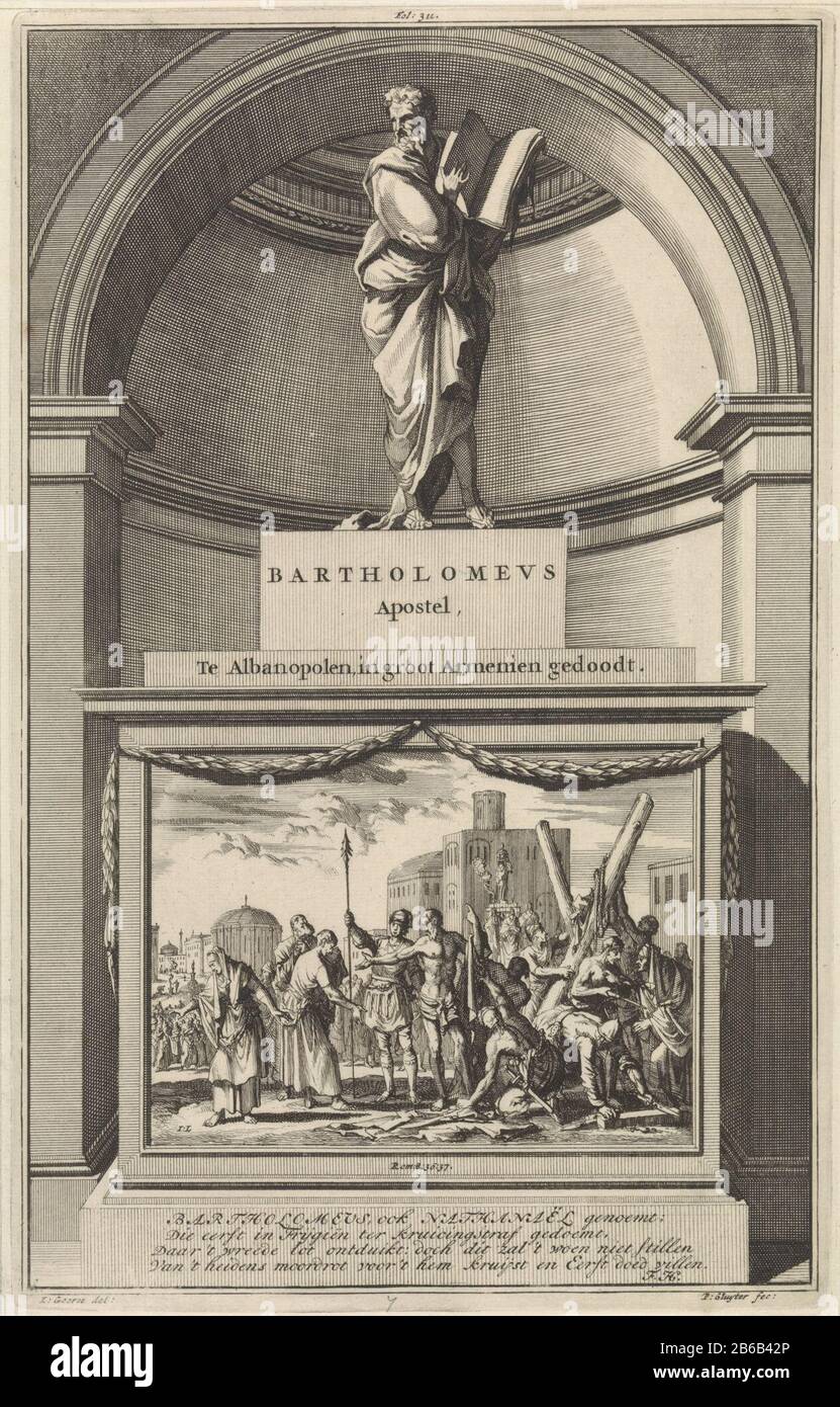 L'apostolo Bartolomeo picchiato con un libro aperto nelle sue mani. Bartolomeo si erge su un piedistallo Dove: Davanti si rivela il martirio. Stampa centro superiore contrassegnato: Fol: 311. Produttore : stampatore Jan Luyken (edificio elencato) stampatore: Zacharias Chatelain (II) (edificio elencato) nel disegno: Jan Goeree (proprietà elencata) scrittore: François Halma (oggetto elencato) editore: François Halma Luogo produzione: Amsterdam Data: 1698 caratteristiche Fisiche: Acquaforte e engra; materiale di prova: Carta Tecnica: Acquaforte / engra (processo di stampa) dimensioni: Bordo della lastra: H 280 mm × W 177 mmToelichtingIllustrati Foto Stock