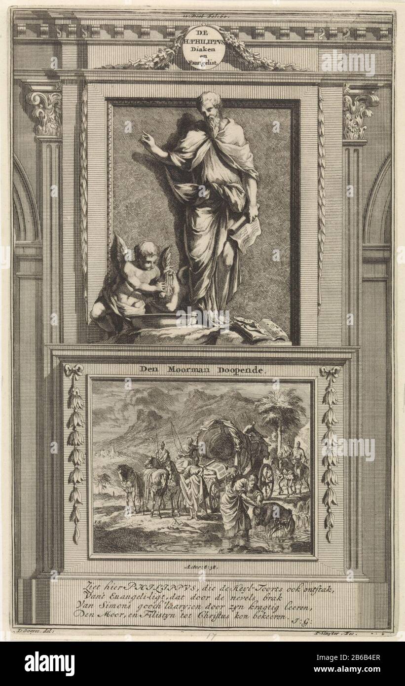 L'apostolo Filippo H Filippo diacono ed evangelista, il Battesimo Moorman Ende (oggetto del titolo) l'apostolo Filippo fa un gesto di benedizione su un angelo battezzato. Filippo sorge su un piedistallo Dove: Sul fronte del battesimo dell'eunuch è mappato. Etichettato print top center: II Share Fol: 60. Produttore : printmaker Jan Luyken (listed building) printmaker: Zacharias Chatelain (II) (listed building) in drawing: Jan Goeree (listed property) writer: François Halma (listed object) editor: François Halma Place manufacturing: Amsterdam Date: 1698 Physical features: Etching and engra; proofing Foto Stock
