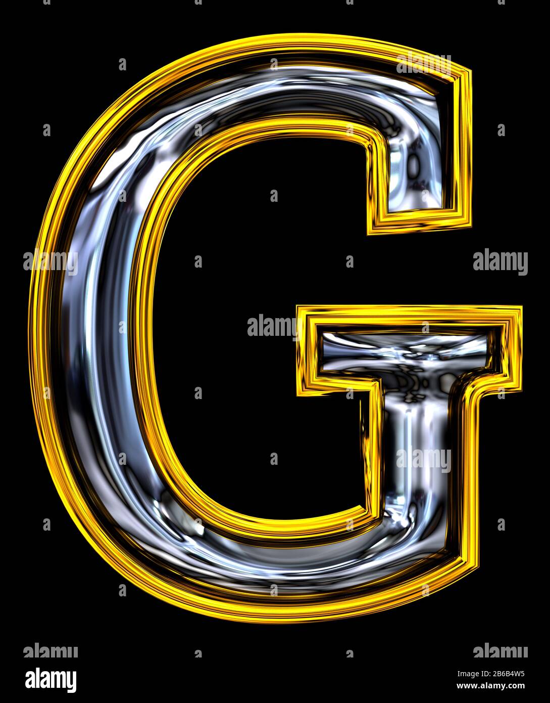 Rendering 3D. Lettera maiuscola G. Carattere Stile numero sportello Pulito. Rendering ABC puro ad alta risoluzione. Acciaio goffrato brillante. Oro rimmed. Isolato su blac Foto Stock
