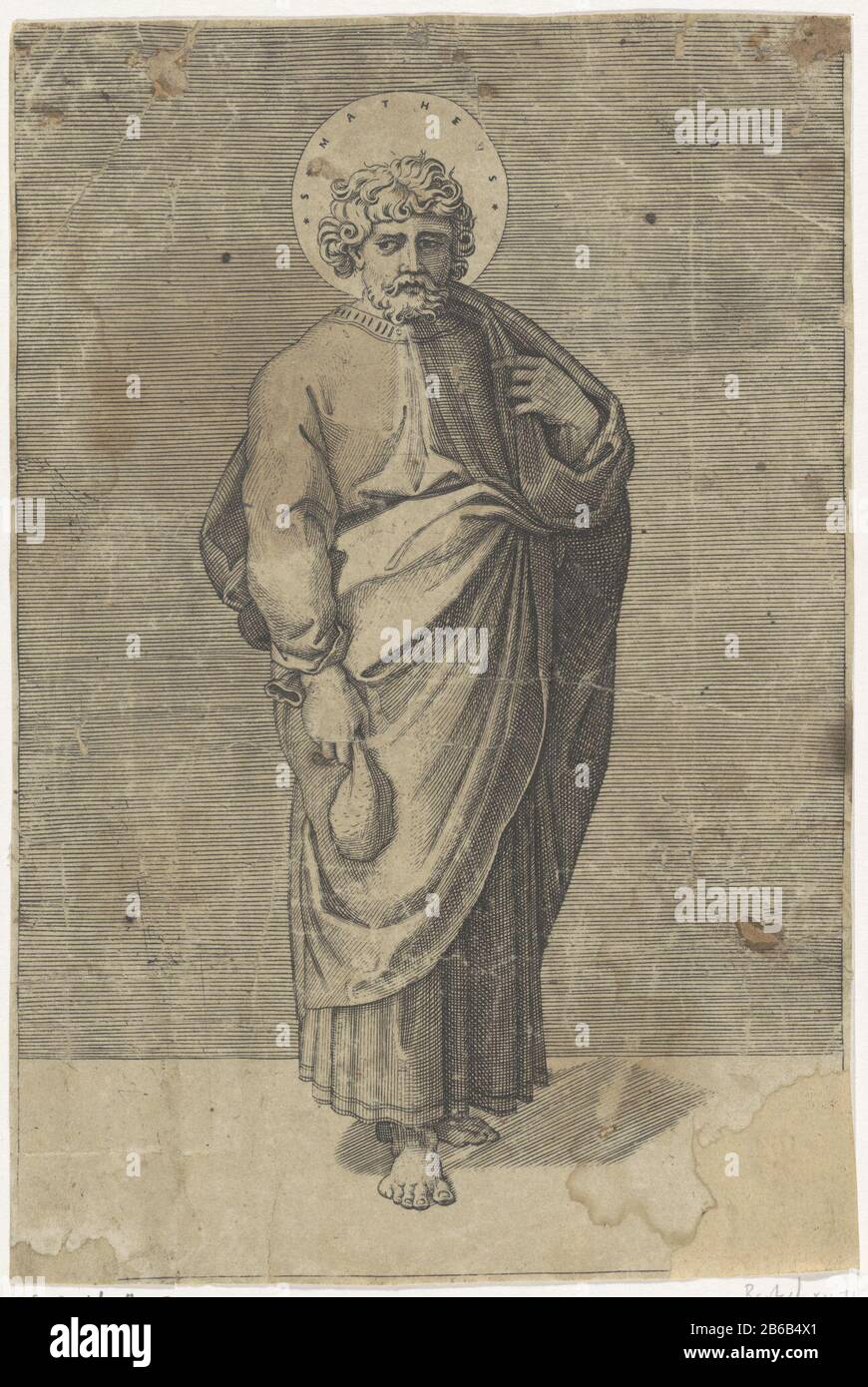 Apostolo Matteo con beursS Mathevs (oggetto del titolo) Cristo e gli apostoli (titolo della serie) Tipo Di Proprietà: Immagine numero articolo: RP-PHA 53Catalogusreferentie: Bartsch 71 Produttore : stampatore Marc Antonio Raimondinaar disegno: Rafael Luogo fabbricazione: Roma Data: 1517 - 1527 caratteristiche Fisiche: Materiale dell'automobile: Carta Tecnica: Engra (processo di stampa) dimensioni: Foglio: H 211 mm × W 140 mm Soggetto: L'apostolo e l'evangelista Matteo (Matteo); attributi possibili: Angelo, ascia, libro, albo, penna e tinca, borsellino, scroll, quadrato, spada dritta Foto Stock