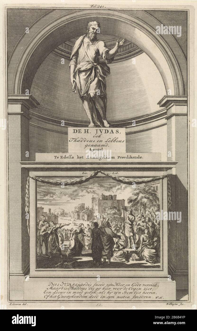 L'apostolo Giuda Taddeo con un rotolo di carta nelle sue mani. Judas Thaddaeus è su un piedistallo. Sul fronte la scena Dove: Nel predicare il Vangelo al suo pubblico. Stampa centro superiore contrassegnato: Fol: 340. Produttore : stampatore Jan Luyken (edificio elencato) stampatore: Zacharias Chatelain (II) (edificio elencato) nel disegno: Jan Goeree (proprietà elencata) scrittore: François Halma (oggetto elencato) editore: François Halma Luogo produzione: Amsterdam Data: 1698 caratteristiche Fisiche: Acquaforte e engra; materiale di prova: Carta Tecnica: Acquaforte / engra (processo di stampa) dimensioni: Bordo della lastra: H 280 m. Foto Stock
