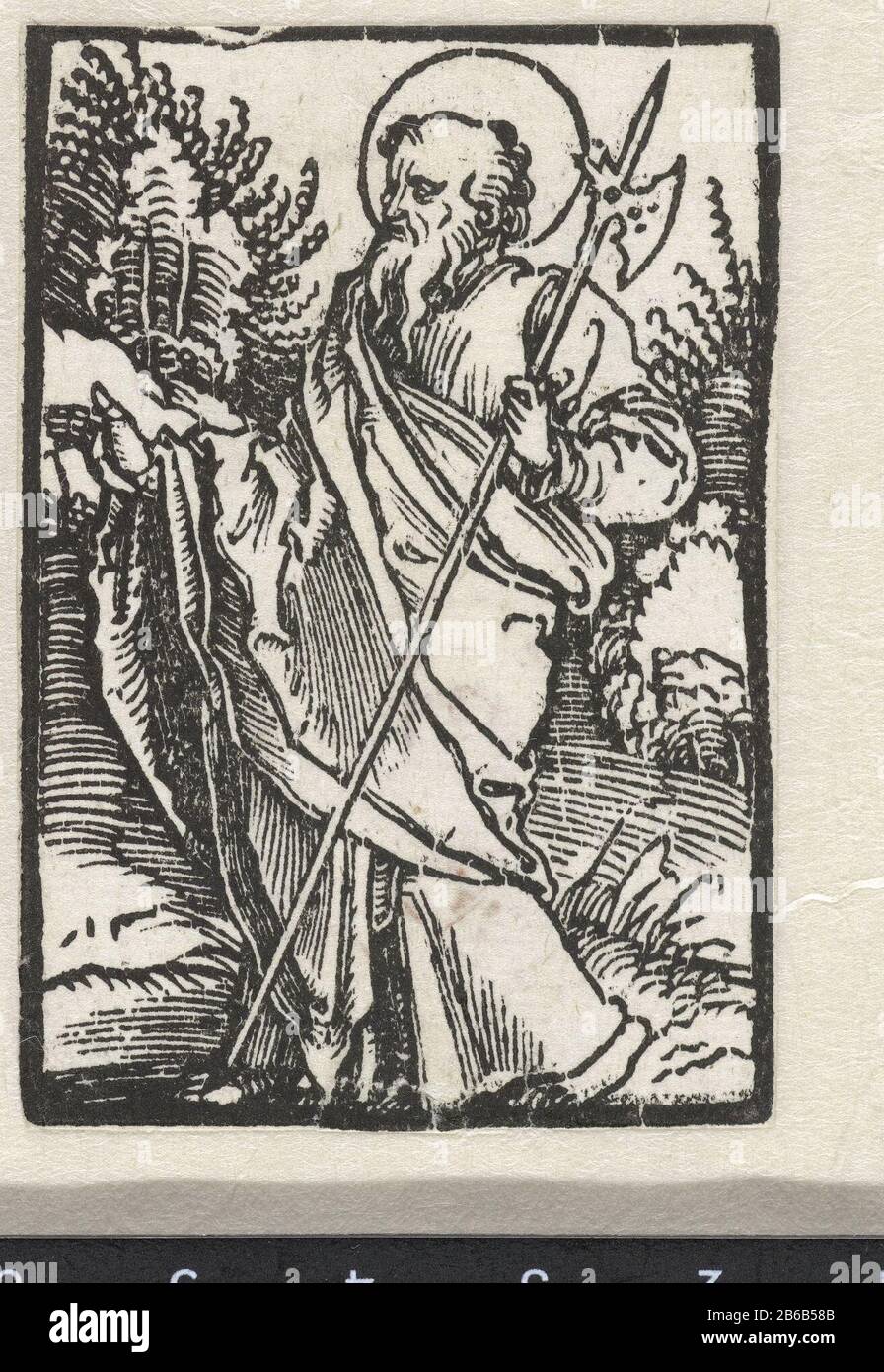 L'apostolo Matteo con un ellebaardo. Produttore : stampatore: Albrecht Dürer (near) Luogo di produzione: Nürnberg Data: 1503 caratteristiche Fisiche: Legno blocco materiale: Carta Tecnica: Legno blocco dimensioni: Immagine: H 63 mm × b 44 mmToelichtingIllustratie per: Salus anim [a] e, Norimberga : Hieronymus Höltzel, 1503. Klinkert, C. Oggetto: L'apostolo e l'evangelista Matteo (Matteo); possibili attributi: Angelo, ascia, libro, halberd, penna e inkhorn, borsellino, scroll, quadrato, spada Foto Stock