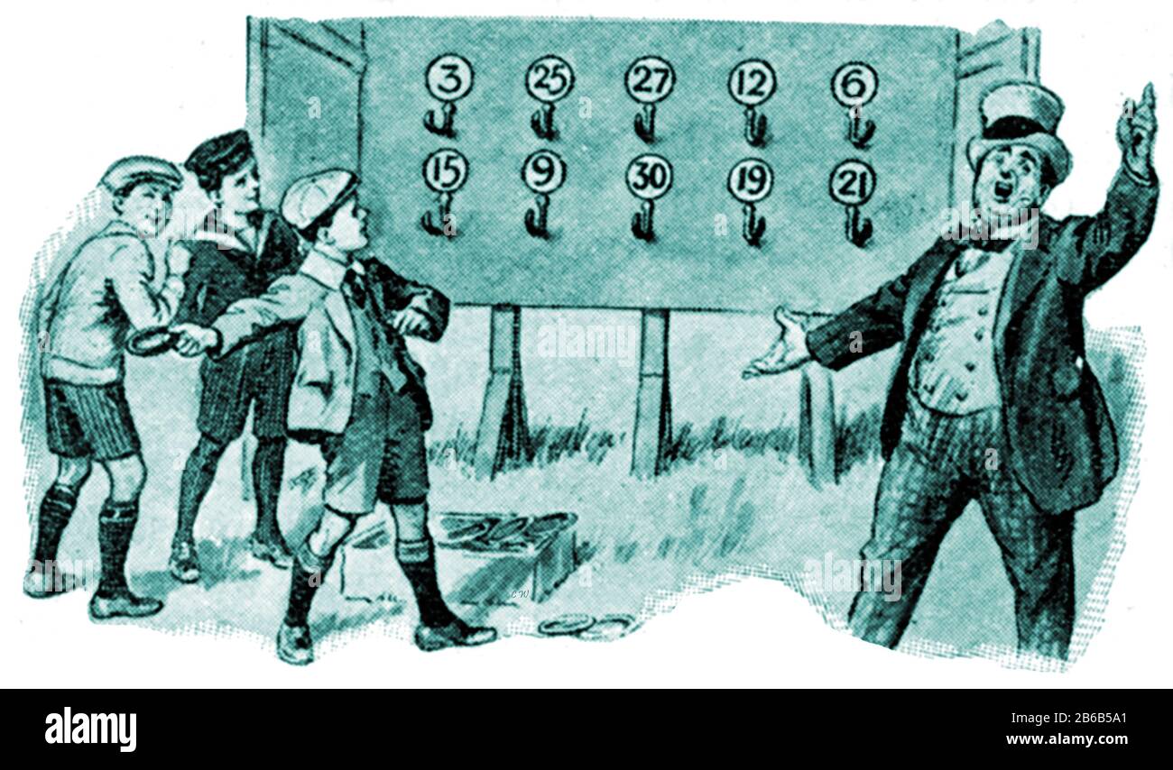 Illustrazione degli anni '20 che mostra un gioco di fairground in Inghilterra noto come anello lancio, il lancio degli anelli o hoopla. Tre scolari, uno in abbigliamento navale e due in cappelli piatti si alzano a sinistra mentre a destra un uomo in un vestito e cappello richiama la folla nel fairground. Foto Stock