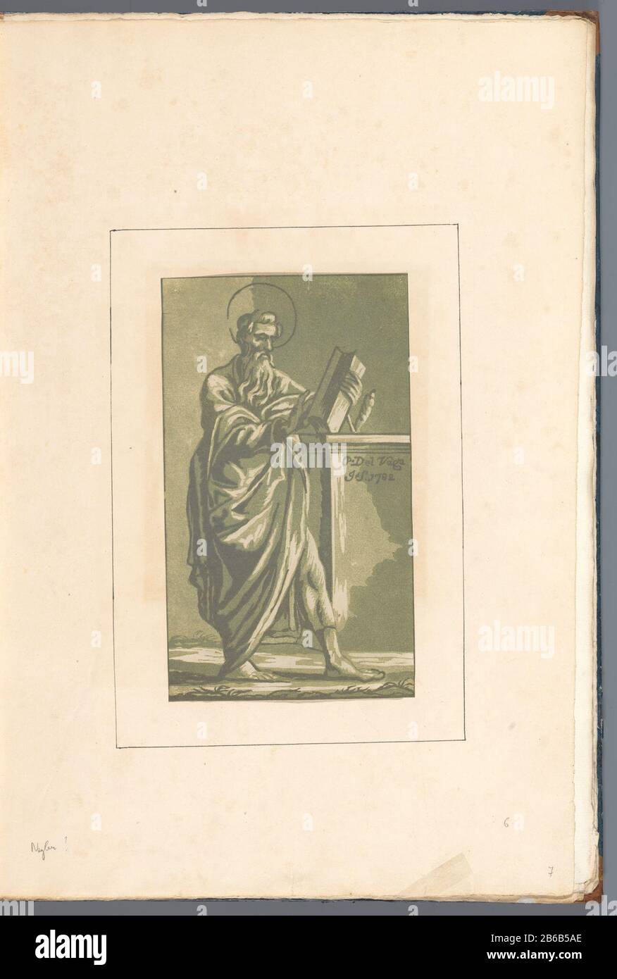 Apostel suo amico Pietro, come pure ciascuno (oggetto seriettel op) in piedi con libro santo, Dove: Apparentemente l'apostolo Pietro. Parte di un album con 26 pezzi di legno chiaroscuro incollati da artisti italiani del sedicesimo eeuw. Produttore : stampatore John B. Skippe (proprietà in elenco) Designed by: Perino del Vaga (proprietà in elenco) Prodotto Del Luogo: Inghilterra Data: 1782 caratteristiche Fisiche: Chiaroscuro legno tagliato con blocchi di tono in tre tonalità di verde materiale: Carta inchiostro Tecnica: Chiaroscuro legno tagliato-dimensioni: H 236 mm × W 138 mm Oggetto: L'apostolo Pietro, primo vescovo di Roma; possibili attributi: Foto Stock