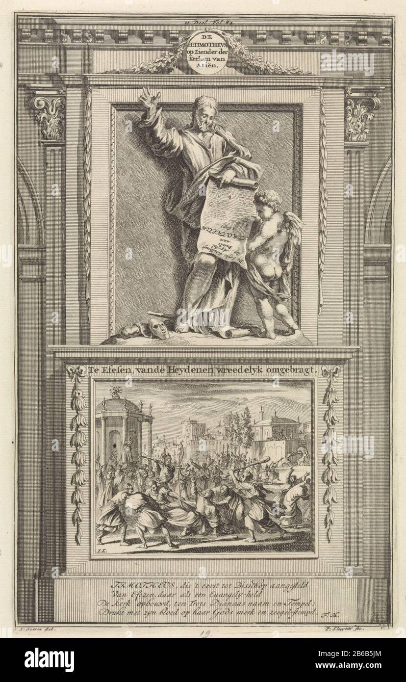 L'apostolo Timoteo tiene un foglio di testo che viene studiato da un angelo. Timothy si erge su un piedistallo Dove: Sul fronte viene visualizzato come era stato clubbed a Efeso. Stampare il centro superiore contrassegnato con: II. Condividi Fol: 82. Produttore : stampatore Jan Luyken (edificio elencato) stampatore: Zacharias Chatelain (II) (edificio elencato) nel disegno: Jan Goeree (proprietà elencata) scrittore: François Halma (edificio elencato) editore: François Halma luogo di produzione: Amsterdam Data: 1698 caratteristiche Fisiche: Acquaforte e engra; materiale di prova: Carta Tecnica: Acquaforte / engra (processo di stampa) dimensioni: Bordo della piastra Foto Stock