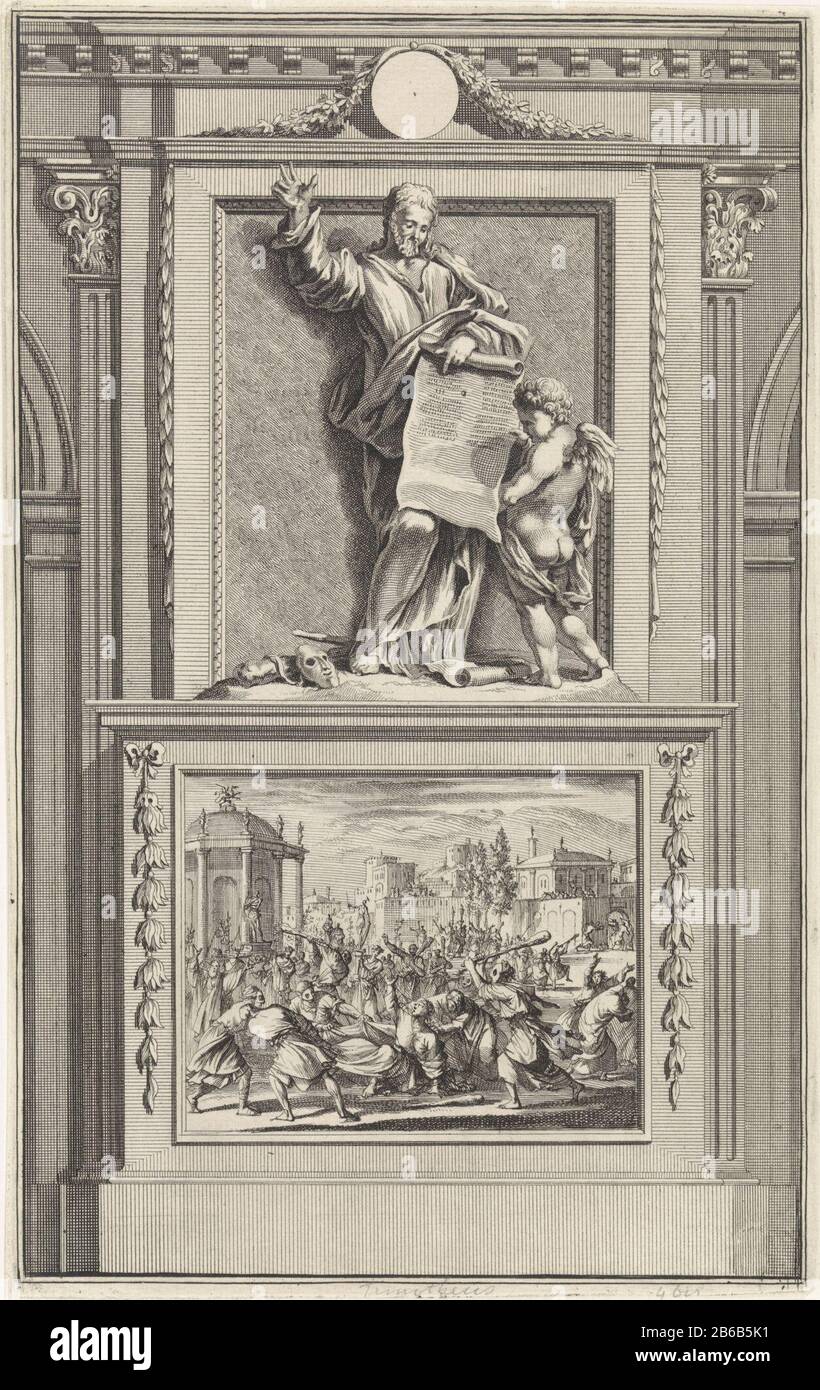 L'Apostolo tiene Timoteo un testo a foglio arrotolato che viene studiato da un angelo. Timothy si leva in piedi su un piedistallo Dove: Alla parte anteriore in primo piano è stato come a Efeso era doodgeknuppeld. Produttore : stampatore Jan Luyken Stampa autore: Zacharias Chatelain (II) a disegno: Jan Goeree Luogo produzione: Amsterdam Data: 1698 caratteristiche Fisiche: Incisione ed engra; materiale di prova: Carta Tecnica: Incisione / engra (processo di stampa) dimensioni: Bordo della lastra: H 275 mm × W 173 mmToelichtingProefdruk illustrazione di: Cave, William. Antichità apostoliche, o vita (...) degli apostoli di heylige tre parti. Utr Foto Stock
