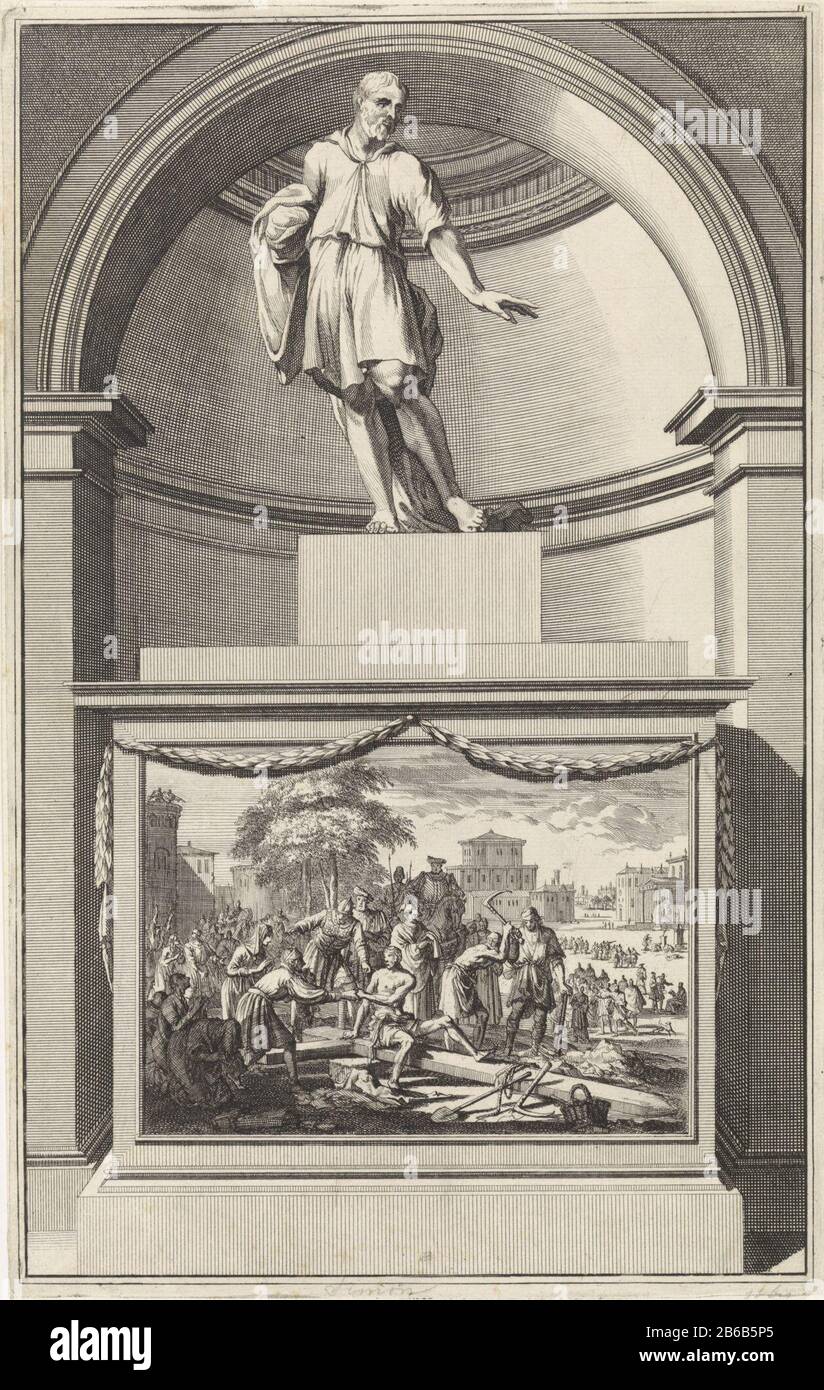 Apostel Simon Zelotes l'apostolo Simon Zelotes in piedi su un piedistallo Dove: Sul fronte sono crocifissione in foto è gebracht. Produttore : print maker: Zwansvliet print autore: Zacharias Chatelain (II) al disegno di: Jan Goeree Luogo produzione: Amsterdam datazione : 1698 caratteristiche Fisiche: Acquaforte e engra; materiale di prova: Tecnica della carta: Acquaforte / engra (processo di stampa) dimensioni: Bordo della lastra: H 279 mm × W 176 mmToelichtingProefdruk di illustrazione: Cave, William. Antichità apostoliche, o vita (...) degli apostoli di heylige tre parti. Utrecht: François Halma e Willem van de Wat Foto Stock