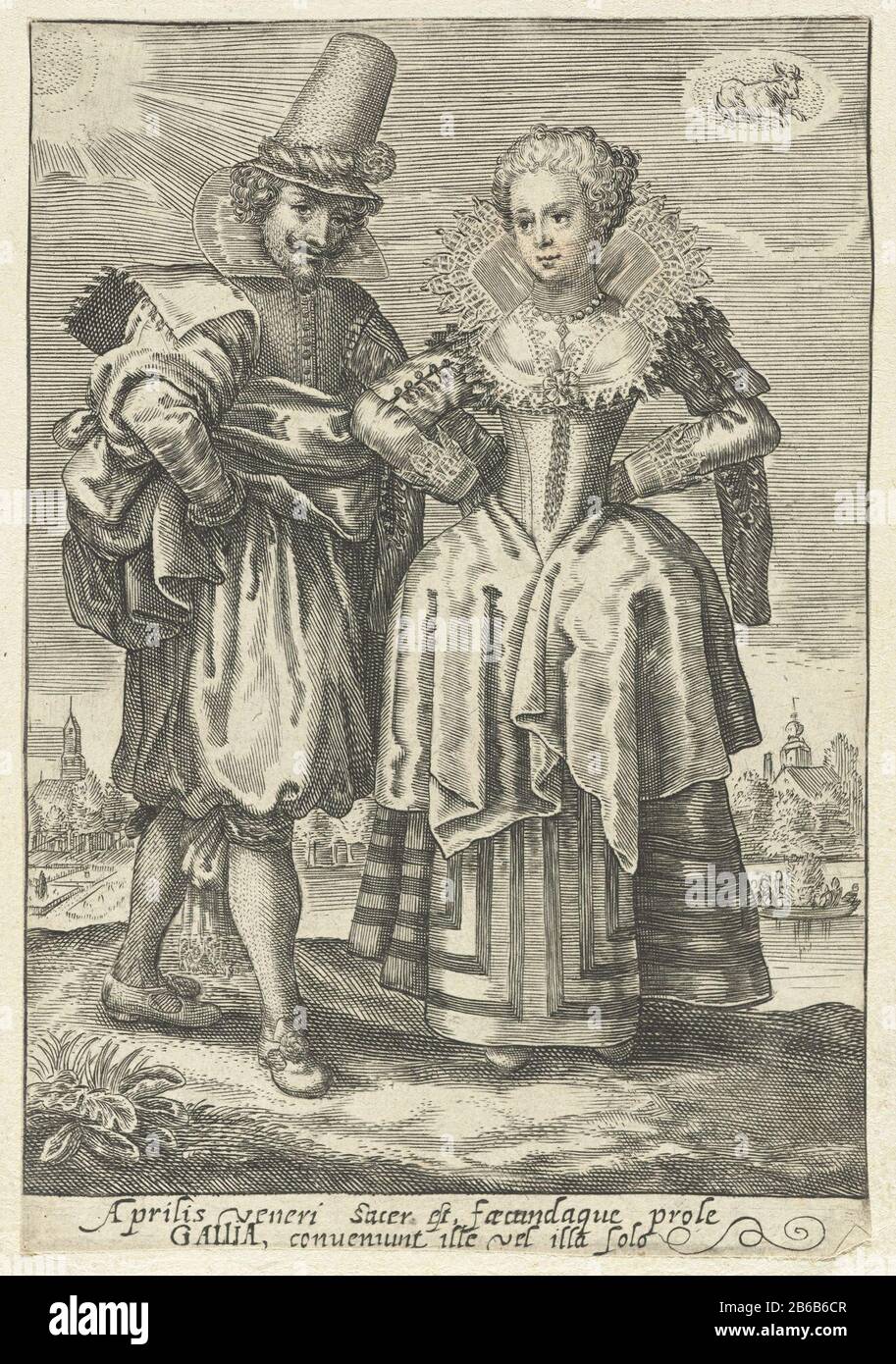 Aprile una coppia dalla Francia dodici mesi con coppie in costumi da diversi paesi (titolo della serie) Aprile: Un paio di FrankrijkDe dodici mesi con coppie in costumi da diversi paesi (titolo della serie) Tipo Di Proprietà: Immagine del costume numero articolo: RP-P-2002-689Catalogusreferentie: Franken 360 Iscrizioni / marchi: Iscrizione, recto right, scritta a mano in inchiostro marrone: '110' (nella pagina dell'album Dove: L'immagine incollata è.) firma, il centro inferiore del margine, incisa, 'Aprilis veneri sacer est, foecundaque prole / GALLIA, conueniunt ille, foglio illa solo.' (aprile è dedicato il Foto Stock