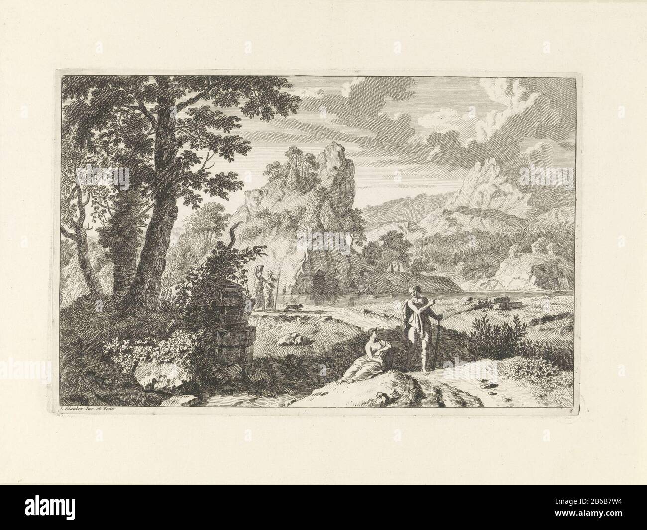 Un paesaggio arcadico con rovine. Giusto modo con alcuni escursionisti. Sullo sfondo una catena montuosa. La stampa fa parte di una serie di landschappen arcadano. Produttore : stampatore John Glauber (edificio elencato), progettato da Johannes Glauber (proprietà elencata) Luogo di produzione: Sconosciuto Data: 1656 - 1726 caratteristiche Fisiche: Materiale di incisione: Tecnica della carta: Incisione dimensioni : bordo della piastra b 364 mm × h 240 mm Oggetto: Pastorals, scene Arcadiane di paesaggio con gelding strada pubblica (+ città (-paesaggio) con figure, personale) montagna Foto Stock