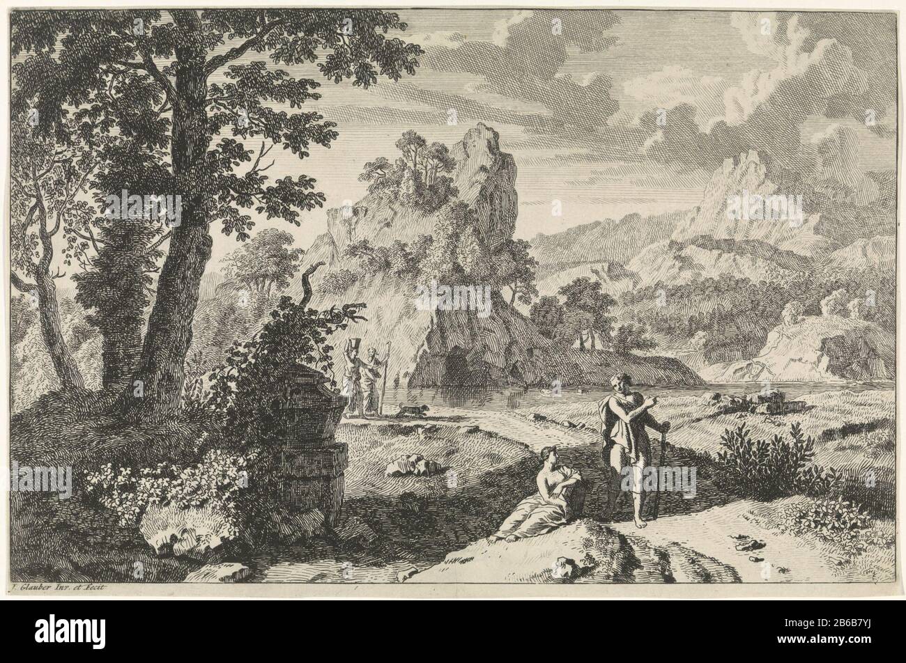 Un paesaggio arcadico con rovine. Giusto modo con alcuni escursionisti. Sullo sfondo una catena montuosa. La stampa fa parte di una serie di landschappen arcadano. Produttore : stampatore John Glauber (edificio elencato), progettato da Johannes Glauber (proprietà elencata) Luogo di produzione: Sconosciuto Data: 1656 - 1726 caratteristiche Fisiche: Materiale di incisione: Tecnica della carta: Incisione dimensioni : foglio: B 356 mm x h 236 mm Oggetto: Pastorals, paesaggio arcadico con scene che gelano strada pubblica (+ città (-paesaggio) con figure, personale) montagna Foto Stock