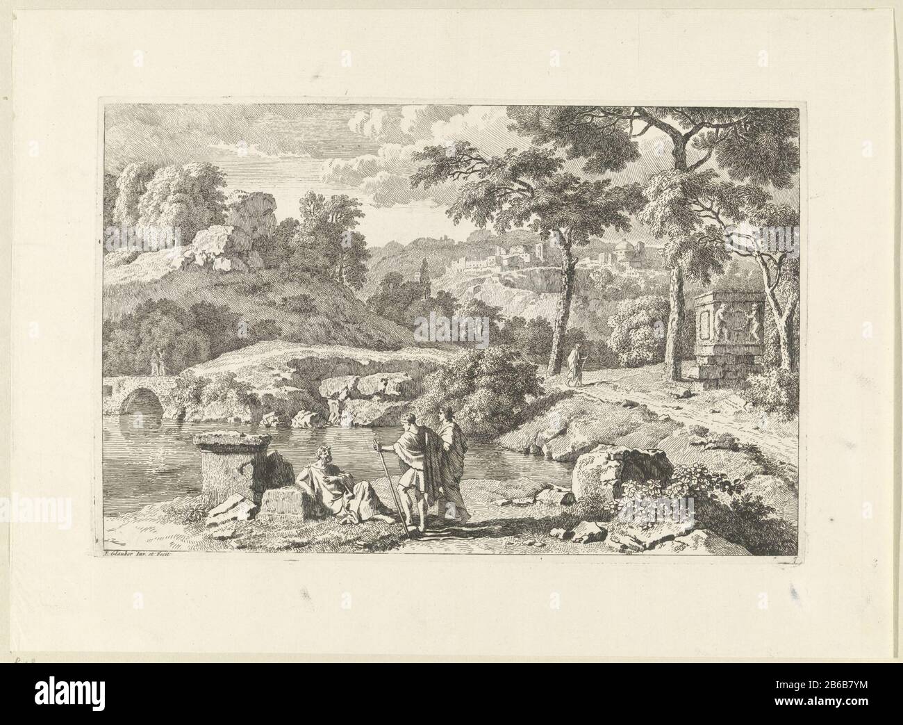 Un paesaggio arcadico con rovine. Lasciato un fiume. Tre escursionisti riposano sulla riva del fiume. Sullo sfondo una città. La stampa fa parte di una serie di landschappen arcadano. Produttore : stampatore John Glauber (edificio elencato), progettato da Johannes Glauber (proprietà elencata) Luogo di produzione: Sconosciuto Data: 1656 - 1726 caratteristiche Fisiche: Materiale di incisione: Tecnica della carta: Incisione dimensioni : bordo della piastra b 365 mm × h 238 mm Oggetto: Pastorals, scene Arcadiane di paesaggio con rovine (+ città (-paesaggio) con figure, personale) città scene e paesaggi con strutture di esseri umani fiume (+ paesaggista Foto Stock