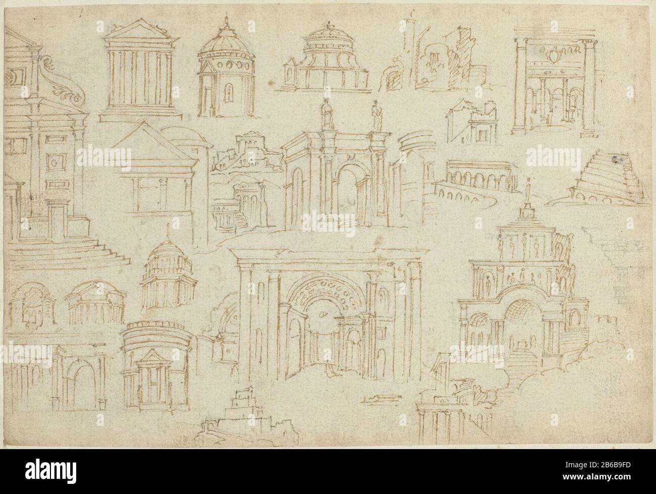 Architectuurstudies architettura Studio Tipo Oggetto: Disegno numero Oggetto: RP-T 1935-43-10 (R) Descrizione: Architettura Studio della chiesa di S. Agostino (Roma?). Album Martin Fox sketch leaf 10r (12) . Produttore : artista: Anonymous place manufacturing: Netherlands Data: 1550 - 1570 caratteristiche Fisiche: Penna in marrone, gesso nero materiale: Gesso carta Tecnica: Penna dimensioni: H 153 mm × W 225 mm Foto Stock