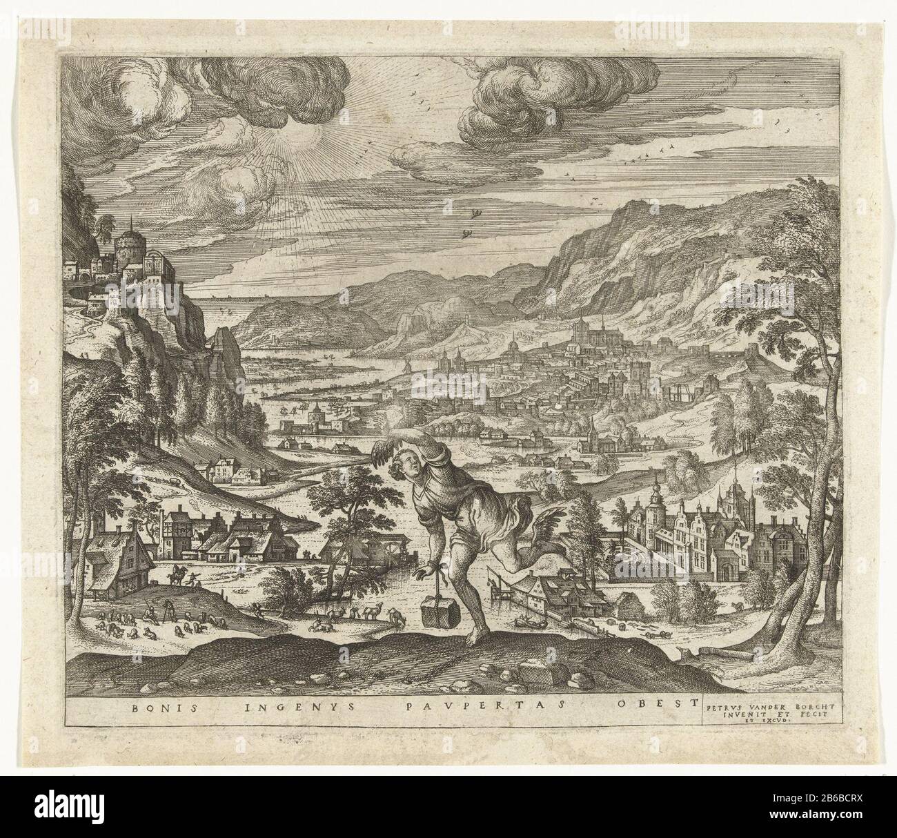 La povertà impedisce il progresso delle menti ingegnose di un giovane a cui è attaccato il primo piano: NS ali sinistra e piedi. Egli cerca di volare, ma una pietra attaccata al suo braccio destro con una corda, ostacola questo. Sullo sfondo un vasto paesaggio montuoso. Una didascalia in latino gestisce il motto Bonis ingenys pavpertas obest. Produttore : stampatore Pieter van der Borcht (i) (edificio elencato) progettista: Pieter van der Borcht (i) (edificio elencato) Editore: Pieter van der Borcht (i) (edificio elencato), progettato da Andrea Alciato (liberamente) Luogo di produzione: Anversa (possibile) Datato: 1545 - 1608 fisico Foto Stock