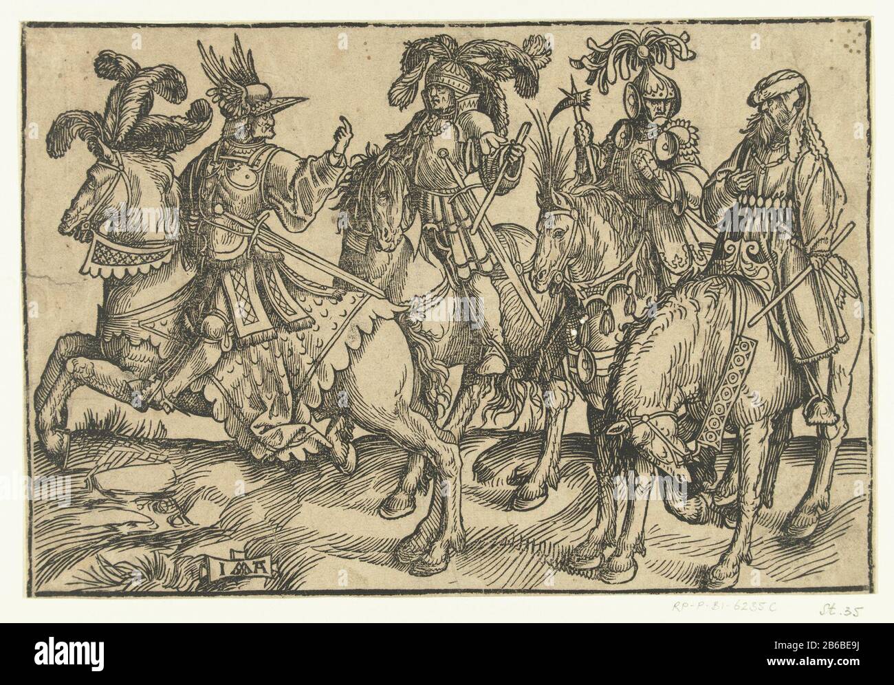 Arnulf, Dirk III, IV e Dirk Floris i Tombe e Contessa d'Olanda (titolo della serie) tombe Arnulf, Dirk III, Dirk IV Floris e io a cavallo. Senza cappotti e onderschriften. Produttore : stampatore Jacob Cornelisz. Di Oostsanen (elencato sull'oggetto) Luogo fabbricazione: Paesi Bassi Data: 1518 caratteristiche Fisiche: Legno materiale: Carta Tecnica: Legno dimensioni: Foglio: H 179 mm × W 263 mmToelichtingTwee le edizioni della serie sono note: Uno con testi francesi e una pagina con il nome dell'editore Doen Pietersz. Ad Amsterdam e la data 01/04/1518, e uno con testi latini, Dove Foto Stock