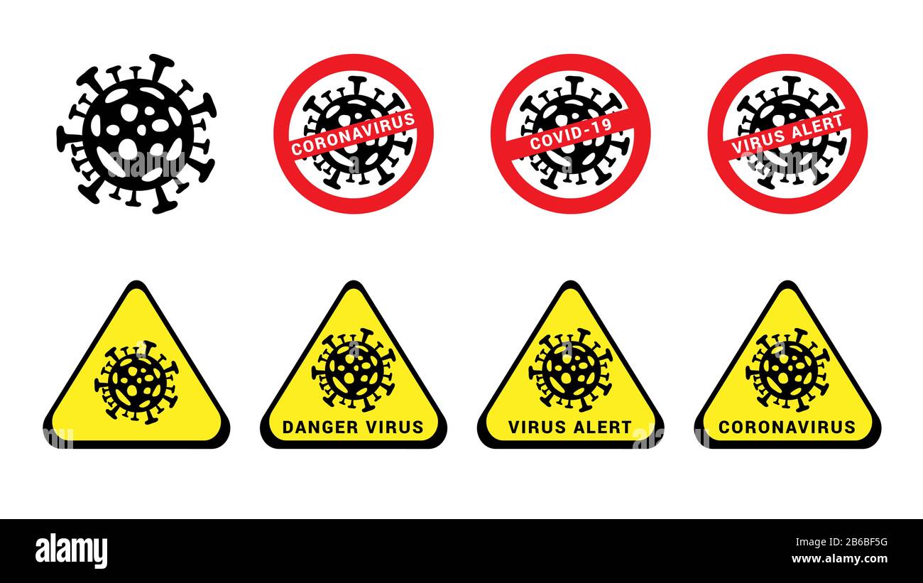 Set di icone di coronavirus. 2019-ncov icone rosso e giallo. Virus di allarme, virus di pericolo Illustrazione Vettoriale