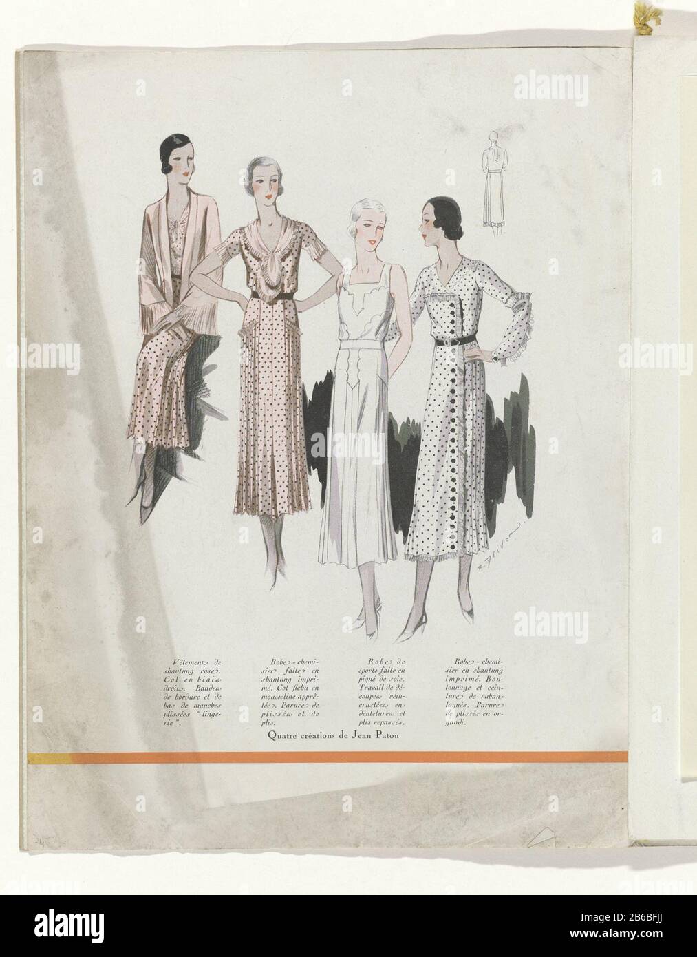 Quattro abiti di Jean Patou. Da sinistra a destra Combinazione di