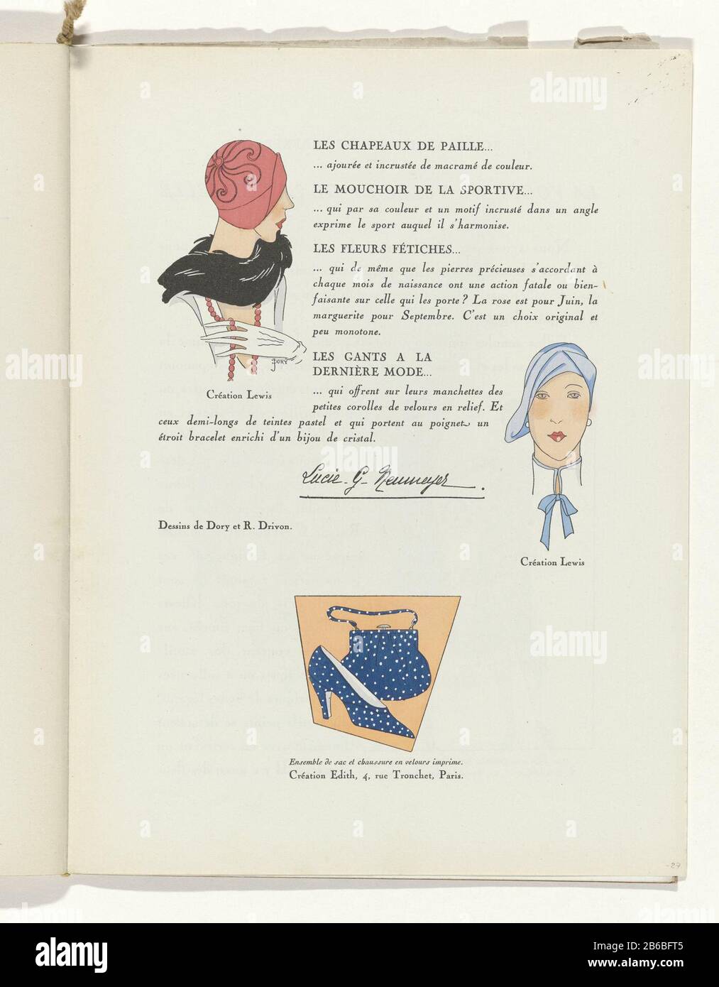 Testo con illustrazioni. In alto a sinistra: Cloche rossa (cappello) Lewis. Medio a destra: Cappello blu Lewis. Centro inferiore: Insieme di una borsa e scarpa in velluto stampato, Edith. Pagina della rivista di moda Art-Gout-Beauté (1920-1933) . Produttore : al disegno di J. Dory (proprietà elencata) al disegno: R. DRIVON (edificio elencato) tipografo: Anonymous fashion house: Lewis (oggetto elencato) fashion house: Edith Editore: Charles Goy (indicato sull'oggetto) Data: 1929 caratteristiche Fisiche: Litografia, con modelli e materiale colorato a mano: Tecnica cartacea: Litografia (tecnica) / pochoir / colore a mano Foto Stock