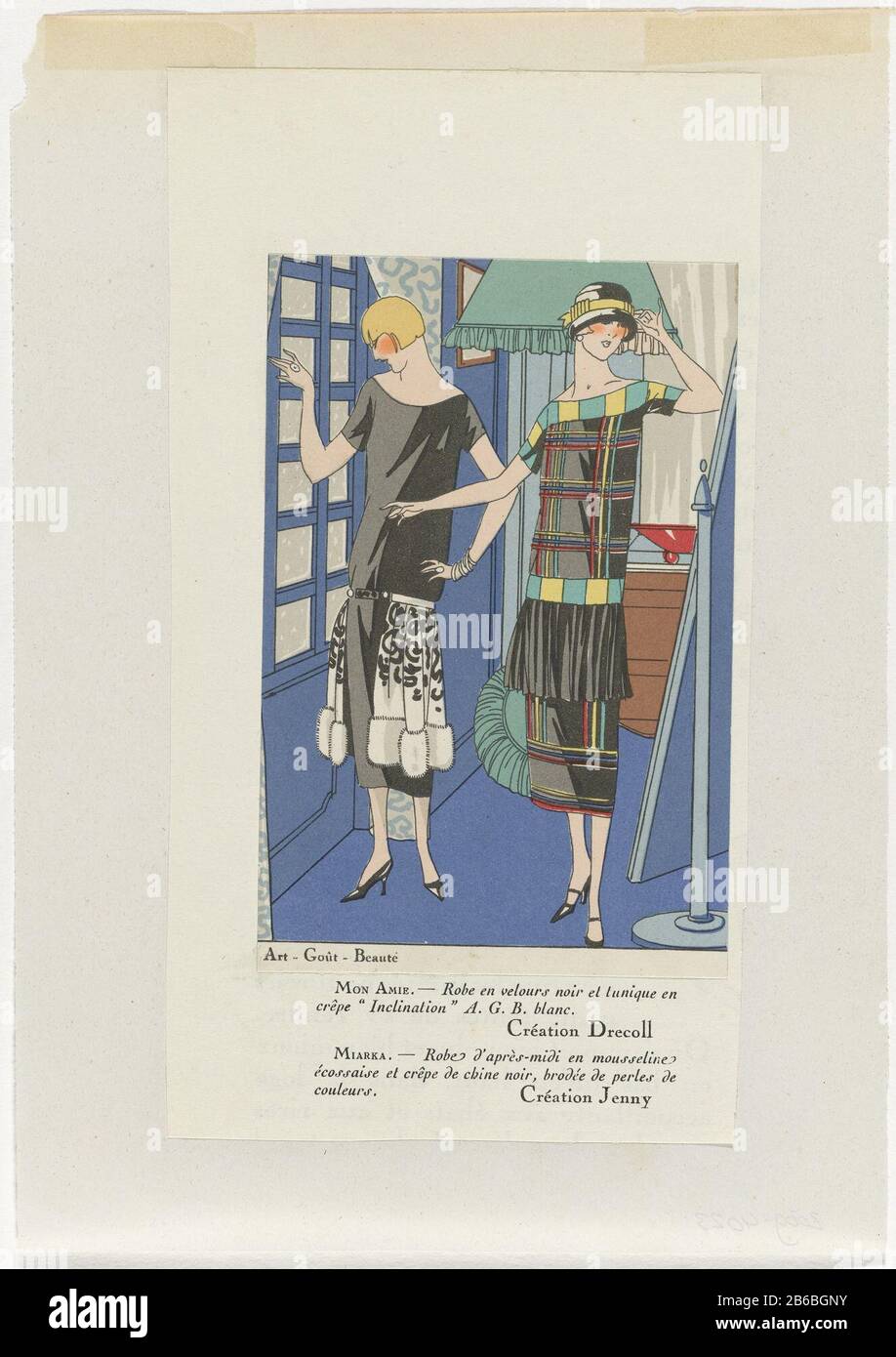 Draicollo tunica in velluto nero Japon. Pomeriggio abito di mussola Jenny. Stampa la rivista di moda Art-Gout-Beauté (1920-1933) . Produttore : printmaker: Anonymous fashion designer: Drecoll (edificio elencato) fashion house: Jenny (proprietà in elenco) Data: Appross. 1924 caratteristiche Fisiche: Modelli auto testo colorato materiale di stampa : carta Tecnica: Engra (processo di stampa) / pochoir / formati di stampa: Foglio: H 233 mm × W 164 mm Oggetto: Abbigliamento moda, abito da donna (abito POMERIDIANO), abito da donna (abito da donna), abito da donna (abito da donna) Quando: 1924 - 1924 Foto Stock