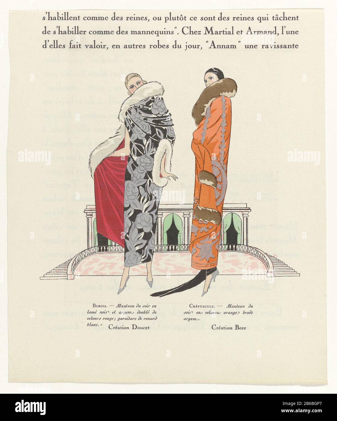 Due donne in cappotti serali di Doucet e Bear, entrambe con grandi collari in pelliccia. Stampa Dove: Apparentemente dalla rivista di moda Art-Gout-Beauté (1920-1933) . Produttore : stampatore: Stilista anonimo Jacques Doucet (edificio in lista) stilista Gustav Beer (proprietà in lista) Data: Appross. 1924 Materiale: Carta Oggetto: Cappotto (cappotto SERALE) (+ vestiti da donna) cappotto (cappotto SERALE) (+ pelliccia usata per i vestiti) collo-ingranaggio: Collarino (+ pelliccia usata per i vestiti) Quando: 1924 - 1924 Foto Stock