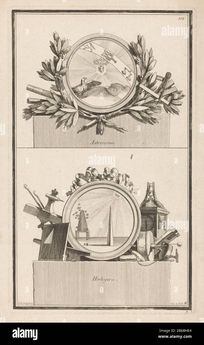 Astronomia Astronomia orologia, Guarda (titel op object) H Medaglioni (seriettel) New Iconologie Storia O attributi Hierogliphyques (serietitel) un medaglione rotondo con un'aquila, il sole con una stella corona e segni dello zodiaco, intorno ai rami di oliva e strumenti di misura. Sotto un medaglione intorno al sole, una meridiana e un alveare, indicatori rotondi e un orologio. Numero Di Stampa 101. Produttore : printmaker: Jean-Charles Delafosse (edificio elencato) nel suo design: Jean-Charles Delafosse (edificio elencato) Editore: Jacques-François ChéreauPlaats fabbricante: Paris Data: 1768 - 1771 Fea Fisica Foto Stock
