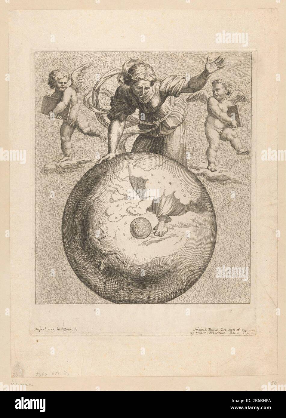 Rappresentazione astronomica dell'alba con due putti Presentazione astronomica dell'alba con due putti Oggetto tipo : immagine numero articolo: RP-P-OB-41.812Catalogusreferenti: IFF 17th siècle 4-7 Iscrizioni / marchi: Marchio del collezionista, verso, stampato: Lugt 240 Produttore : stampatore: Nicolas Bocquet (edificio elencato) nel suo disegno: Nicolas Bocquet (proprietà quotata) al murale: Rafael (proprietà quotata) fornitore di privilegio: Alexander VIII (proprietà quotata) fornitore di privilegio: Innocente XII (proprietà quotata) Luogo fabbricazione: Print maker: Roma in pittura di: Musei Vaticani Data: 1691 Mater Foto Stock