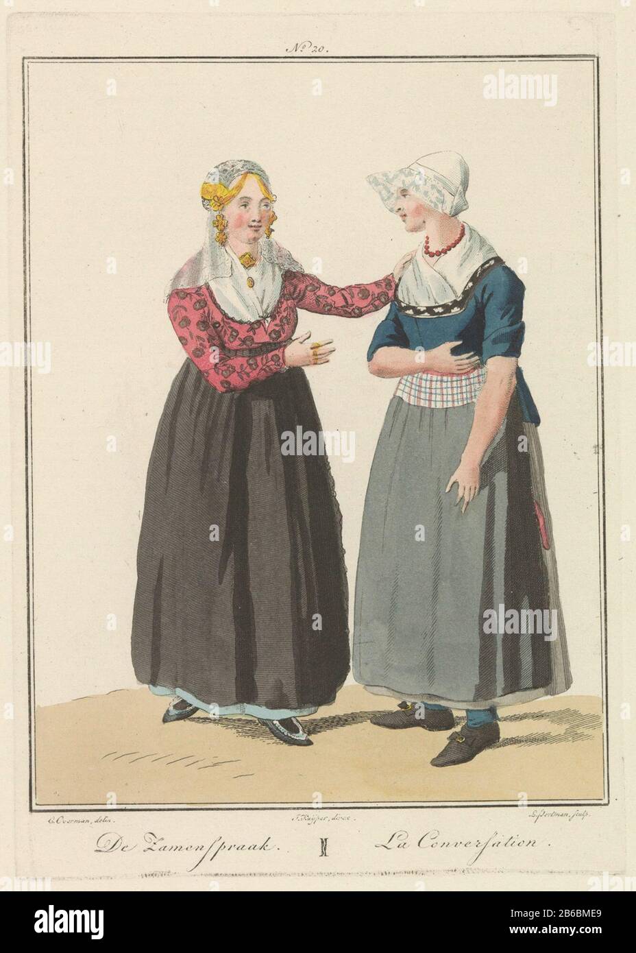 BI-B FM 108-20jpgEen Katwijk e Volendam donna Zamenspraak De la Conversazione (oggetto del titolo) Twee vrouwen uit Katwijk en Volendam ha incontrato elkaar in gesprek. Onderdeel van een gebonden uitgave van de reeks van vierentwintig platen van Nederlandse klederdrachten in het Koninkrijk der Nederlanden aan het BEGIN van de negentiende eeuw door Maaskamp, 1829. Produttore : produttore : Ludwig Gottlieb Portman (vermeld op object)naar tekening van: Cornelius Overman (vermeld op object)naar ontwerp van: Jan Willem Pienemansupervisie: Jacques Kuyper (vermeld op object)uitgever: Evert MaaskampPlaats manufactu Foto Stock