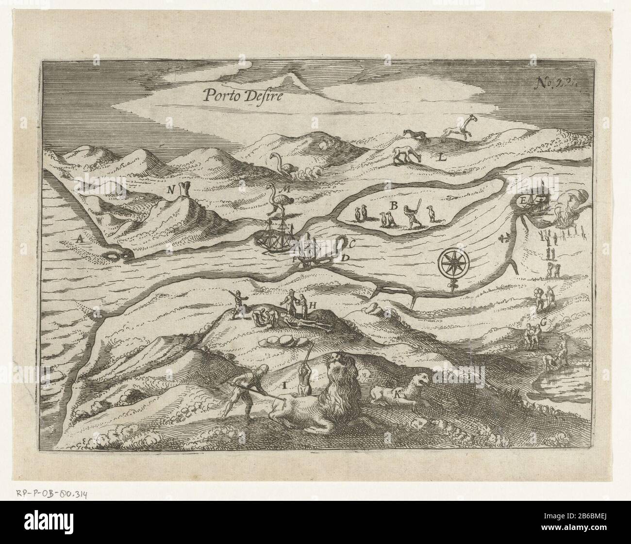 Avonturen sulla terra a Porto Desire, 1615 Porto Desire (oggetto titolo) Afbeeldinghe di Porto Desire Adventures sulla terra a Porto Desire (Puerto Deseado), dicembre 1615. Caccia di leoni marini, struzzi e pinguini, ricerca di acqua dolce e la scoperta di tombe. Parte dell'arte dei Navigatien australiani di Jacob le Maire nella relazione del viaggio Joris van Spilbergen in tutto il mondo, 1614-1617, n. 22. Produttore : stampatore: Anonimamente da stampare da: Anonymous location manufactured: Northern Netherlands Data: 1617-1619 e / o 1646 caratteristiche Fisiche: Acquaforte materiale: Paper Techniq Foto Stock