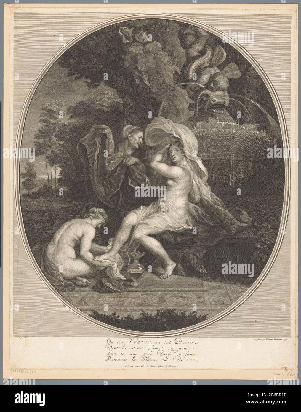 Donna giovane bagno, possibilmente Venere o Diana, in una fontana con due servitori giovane bagno, possibilmente Venere o Diana, in una fontana con due oggetti controllati tipo: Immagine numero articolo: RP-P-OB-74.526Catalogusreferentie: Leblanc 48 Iscrizioni / marchi: Collector's mark, vero, timbrato: Lugt 240nummer, recto bottom right, manoscritto '43' Produttore : Tipografia Simon Henri Thomassin (proprietà quotata) alla pittura di Peter Paul Rubens (edificio elencato) editore: Gaspard Duchange (proprietà quotata) Luogo produzione: Parigi Data: 1712 Materiale: Paper Tecnica: Etching / engra (stampa Foto Stock