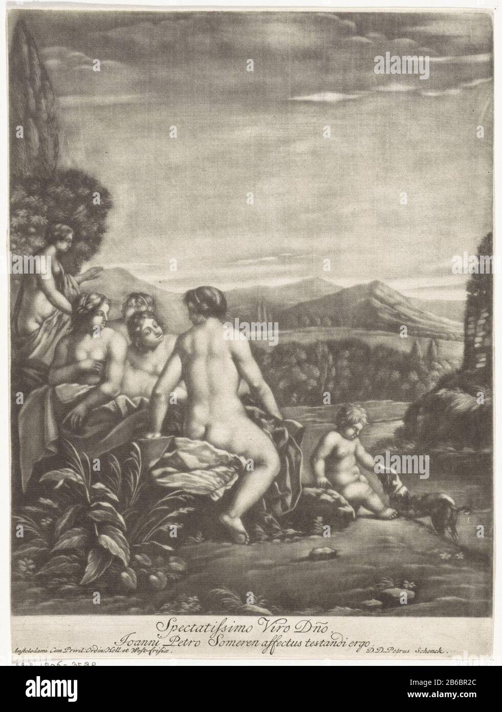 Ninfe balneari Spectatissimo Viro Dno (oggetto del titolo) Vista di un paesaggio collinare in primo piano alcune ninfe che prendono un bagno. Quando le ninfe è un putto un cane aait. Produttore : stampatore Pieter Schenk (i) (edificio elencato) Editore: Peter Schenk (i) (edificio elencato) fornitore di privilegio: Stati dell'Olanda e della Frisia occidentale (oggetto elencato) Luogo fabbricazione: Amsterdam Data: 1670 - 1713 caratteristiche Fisiche: Mezzotinta e engra materiale: Carta Tecnica: Mezzotint / engra (processo di stampa) dimensioni: Foglio: H 246 mm (leggermente tagliato) × b 185 mm Oggetto: Altri tipi o ninfa (s) bagno (movimento Foto Stock