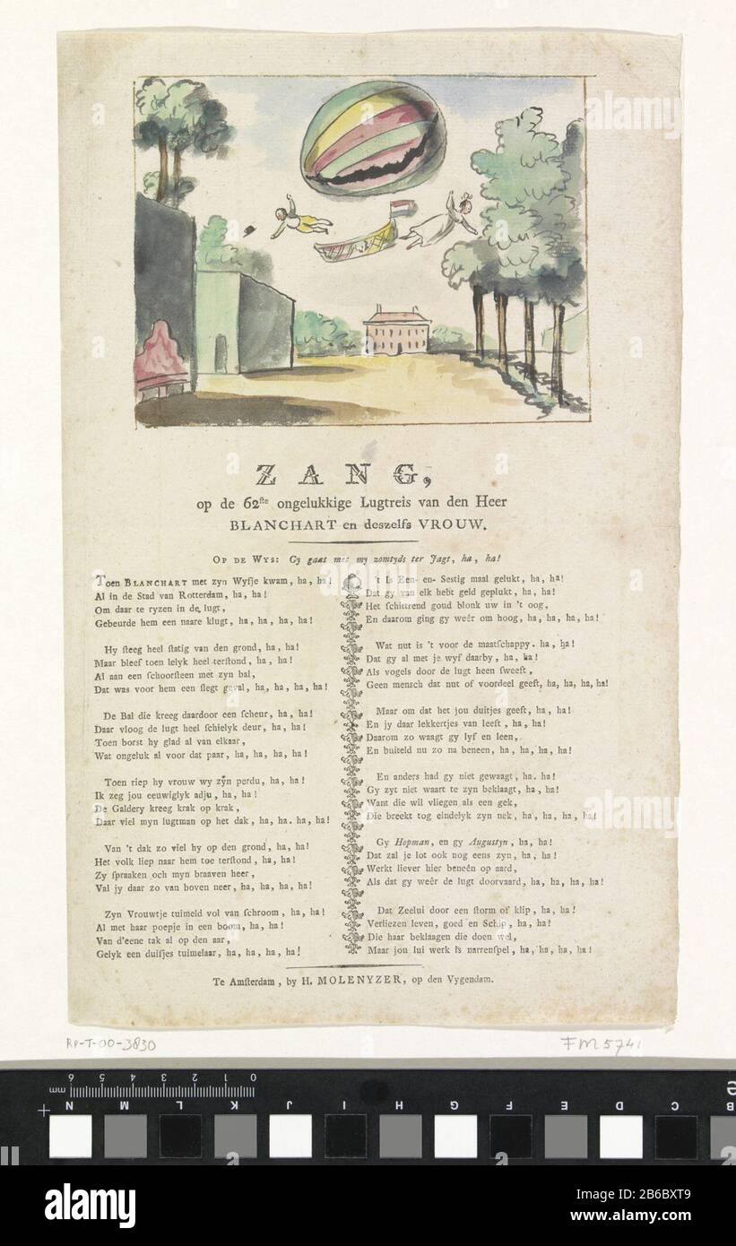 Ballooning Blanchard, 1807 Zang, il 62nd sfortunato Lugt Tour Blanchart e sua moglie (oggetto del titolo) Opstijgen van de luchtballon incontrato Jean Pierre Blanchard en zijn vrouw Marie Madeleine Sophie Armant vanaf de Koekamp a Den Haag, 9 juli 1807. In de voorstelling vallen beiden uit de schuit onder de luchtballon. Onder de afbeelding een spottlied in twaalf vierreglige verzen op Blanchard en zijn vrouw. Produttore : disegnatore: Anoniemuitgever: Hendrik Moolenyzer (vermeld op object)Plats manufacturing: Disegnatore: Nederlanduitgever: Amsterdam Dating: 1807 Physical kenmerken: Pen in bruin en p Foto Stock