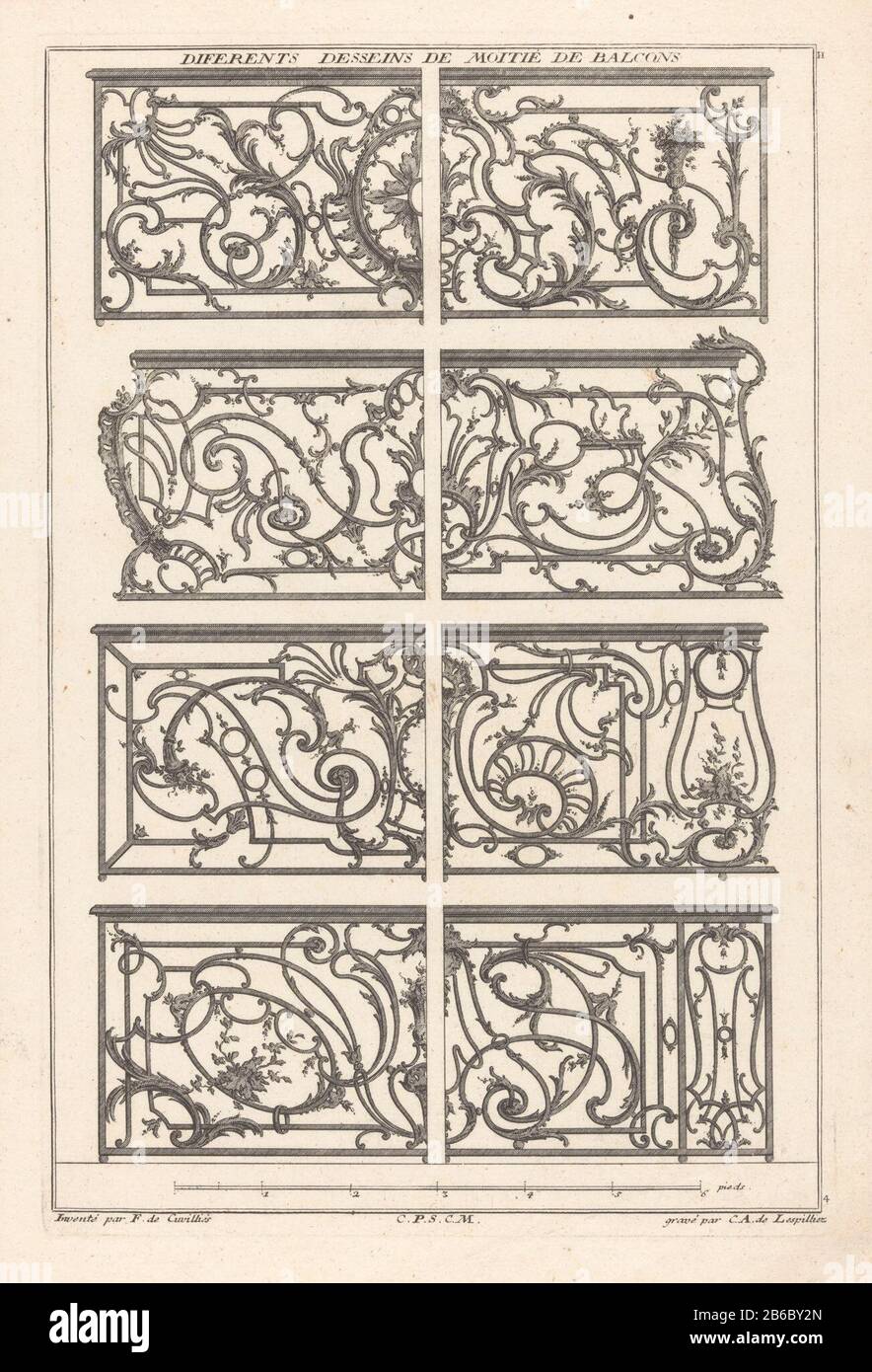 Otto balkonhekken lavorato decorato. Produttore : stampatore Carl Albert von Lespilliez (proprietà quotata) Designed by François de Cuvilliés (Sr.) (edificio elencato ) fornitore di privilegio: Imperial Court (indicato sull'oggetto) Luogo di fabbricazione: Germania Data: 1745 caratteristiche Fisiche: Acquaforte e engra materiale: Carta Tecnica: Acquaforte / engra (processo di stampa) Misure: Bordo della lastra: H 369 mm × W 243 mm Oggetto: Balcone in fucinatura (processo industriale) Foto Stock