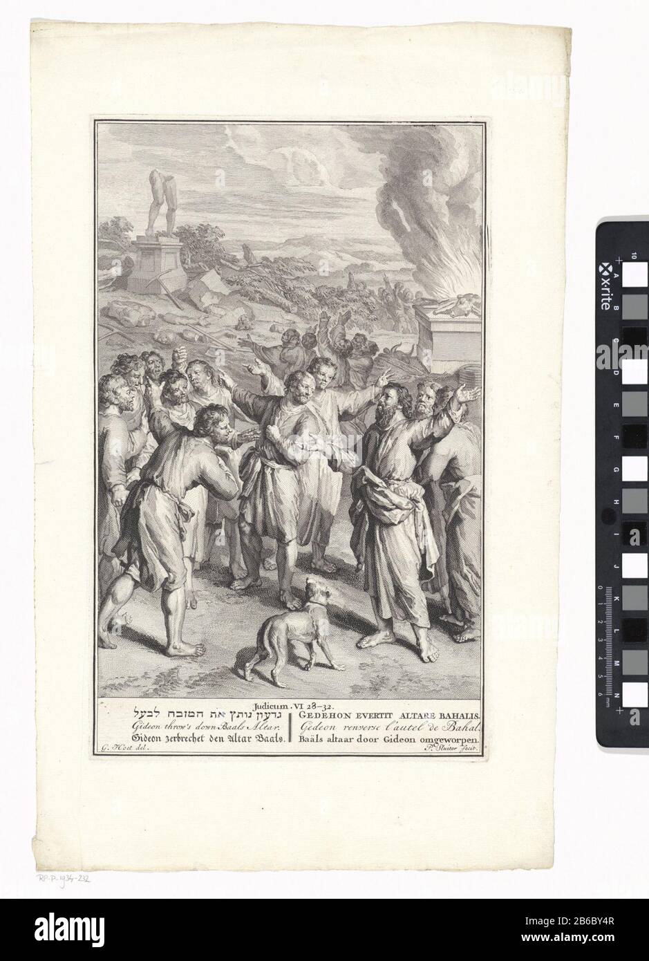 De inwoners van de stad ontdekken dat Gedeon het door zijn vader Joas opgerichte altaar van Baäl heeft vernield. De door Hem geofferde stier brandt nog op het altaar. Illustratie van de Bijbeltekst Ri. 6:28-32. Onder de voorstelling de titel in het Hebreeuws, Engels, Duits, Latijn, Frans en Nederlands. Produttore : produttore : Pieter Sluyter (vermeld op object)naar tekening van: Gerard Hoet (i) (vermeld op object)uitgever: Bernard Picart (mogelijk)uitgever: Pieter de Hondt (mogelijk)Plaats manufacturing: Pentmaker: Damuitgever: 1717/1705/1720 Foto Stock