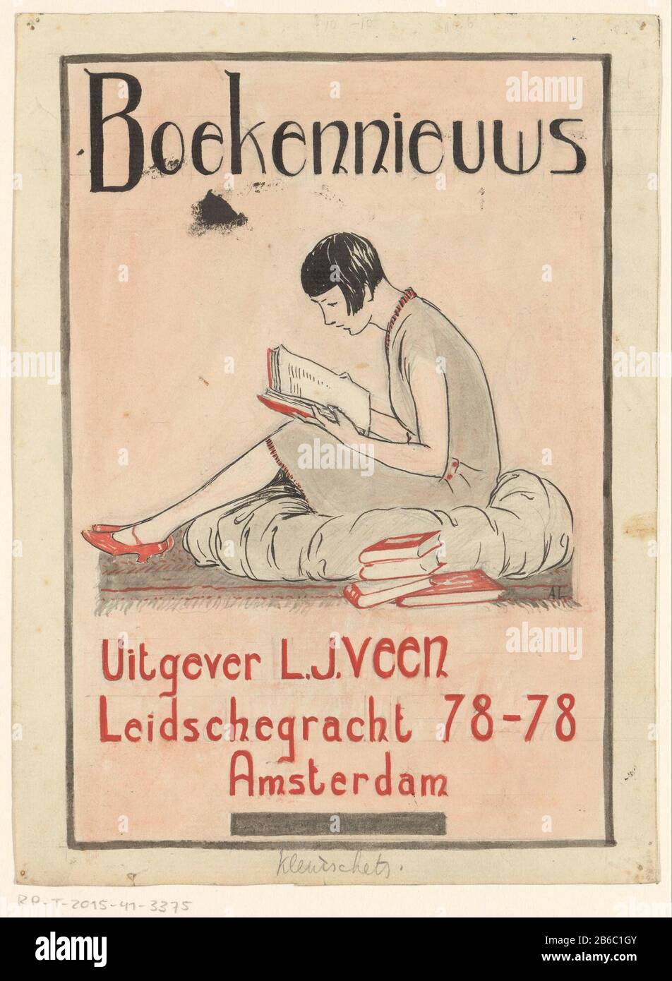 Pneumatici Design for Book News Editore LJ Veen, c 1930 progetta un backlist di Uitgeversmaatschappij LJ Veen Amsterdam. Una donna con capelli corti seduta su un cuscino sul pavimento per leggere. Accanto a lei è una mucchio di ricerca. Produttore : artista: Sconosciuto (firmato personalmente) Data: Circa 1930 caratteristiche Fisiche: Penna e pennello in inchiostro indiano con pennello in rosso e grigio sopra matita; correzioni bianco dekverf Materiale: Carta inchiostro indiano acquerello matita copertura tecnologia: Penna / pennello dimensioni: H 213 mm × W 157 mm Oggetto: Lettura figura seduta - AA - figura umana femminile Foto Stock