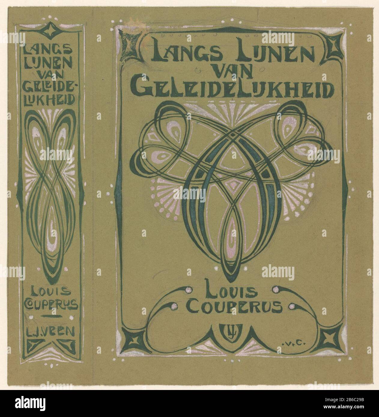 Pneumatico Design per Couperus, lungo linee di graduali, 1900 Tyre Design per Louis Couperus, lungo linee di gradualismo, 1900 Oggetto tipo : disegno libro band (draft) numero articolo: RP-T-2015-41-3879 Iscrizioni / marchi: Collector's mark, vero, stampato: Lugt 2228a Produttore : artista: Johann Georg van Caspel (personalmente firmato) Data: Caratteristiche o 1900 Fisico: Pennello verde e bianco su matita su carta verde materiale: Carta finitura vernice matita Tecnica: Dimensioni pennello: H 213 mm × W 205 mm Oggetto: Ornamenti  arte Foto Stock