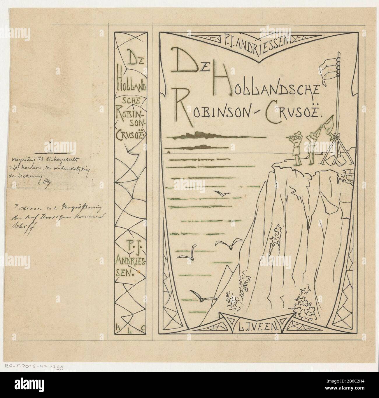 Un uomo con binocolo e un uomo con una bandiera in piedi su una scogliera vicino al mare. All'orizzonte, la silhouette di uno schip. Produttore : artista: Unknown date: In or before 1883 - circa 1895 caratteristiche Fisiche: Penna in inchiostro indiano sopra matita con vernice oro materiale: Carta inchiostro indiano vernice oro Tecnica matita: Penna / pennello dimensioni: H 240 mm × W 253 mm Oggetto: Scogliera costiera o segnalazione cragmanual con flagssea Foto Stock