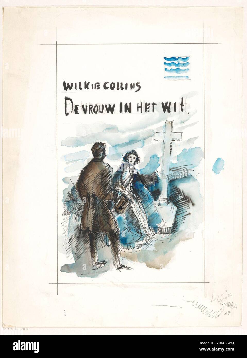 Pneumatico Design per Wilkie Collins, la Donna in bianco (la donna in bianco), 1961 un uomo e una donna si incontrano in un cimitero con una croce di marmo. Sullo sfondo un heuvellandschap. Produttore : artista: Anonimo Data: Caratteristiche o 1961 Fisico: Penna in inchiostro indiano con pennello in blu e marrone su matita e correzioni bianco dekverf Materiale: Carta inchiostro indiano watercolor copertura tecnologia: Penna / pennello dimensione : h 479 mm × 360 mm Soggetto b: Riunione CIMITERO, cemeterylow hillcountry Foto Stock