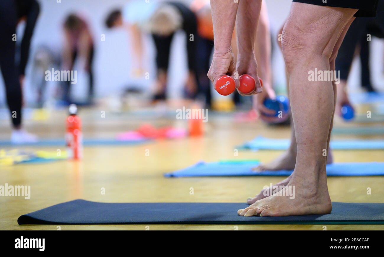 3 marzo 2020, Baden-Wuerttemberg, Stoccarda: I partecipanti fanno un esercizio con pesi leggeri durante una lezione di sport per persone oltre i 60 anni. Foto: Sebastian Gollnow/Dpa Foto Stock